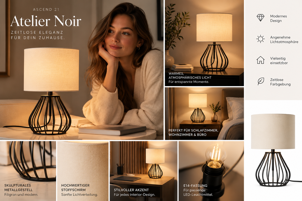 ASCEND 21 Atelier Noir Tischlampe – Moderne Design Tischleuchte mit champagnerfarbenem Stoffschirm & schwarzem Metallgestell – Elegante Nachttischlampe für Schlafzimmer, Wohnzimmer & Büro – E14