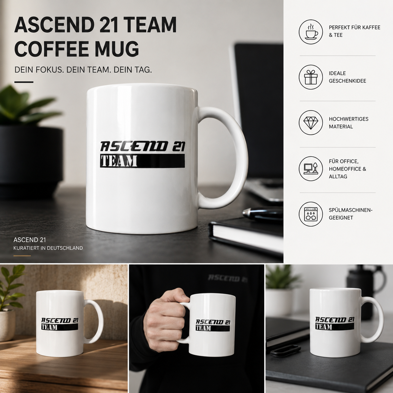 ASCEND 21 TEAM Coffee Mug – Keramik Kaffeetasse mit Logo Design | Moderner Becher für Kaffee & Tee | Bürotasse für Home Office, Arbeitsplatz & Alltag | Geschenkidee
