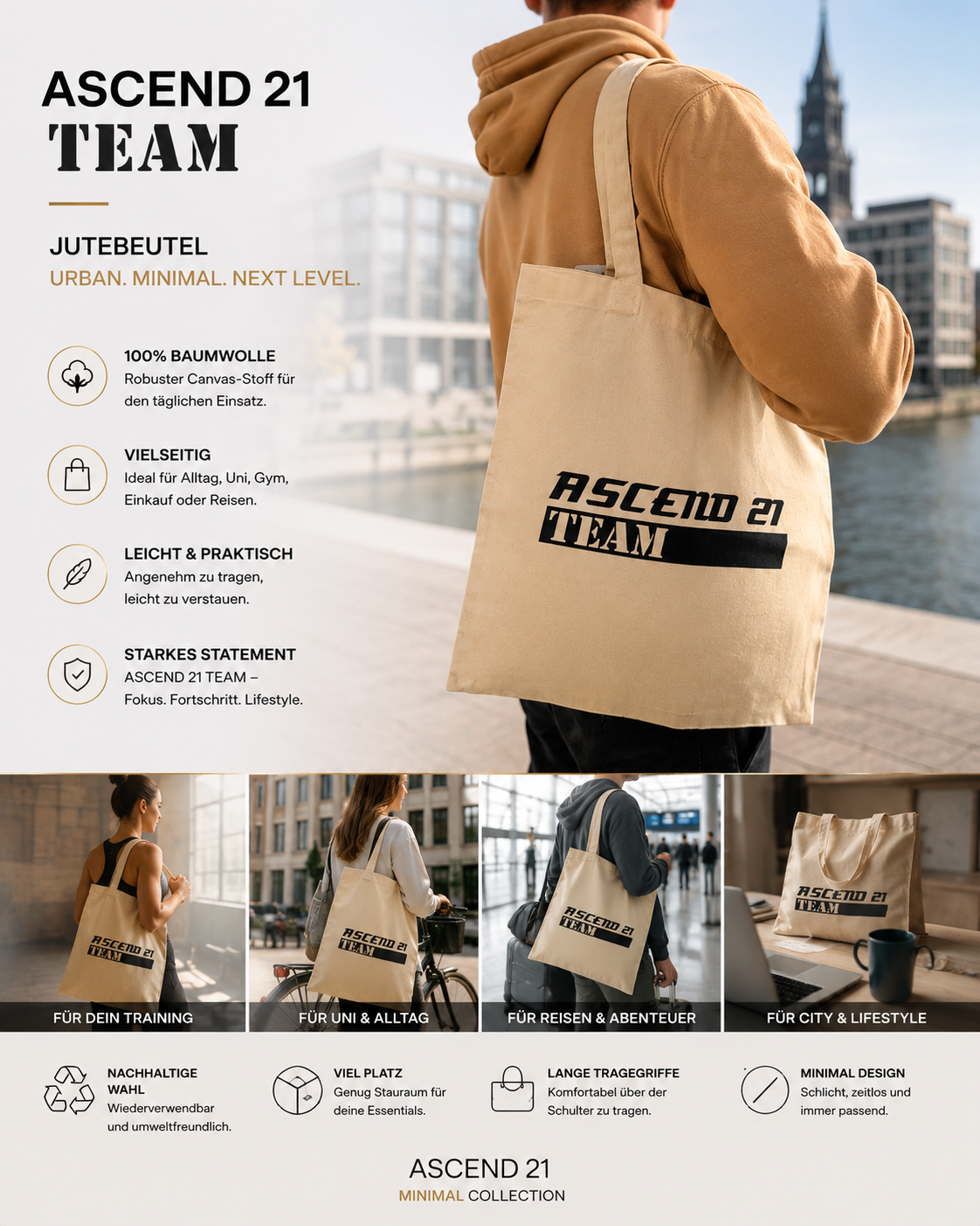 ASCEND 21 TEAM Jutebeutel – Urban Canvas Bag aus Baumwolle mit Statement-Print | Stoffbeutel & Shopper für Alltag, Uni, Gym & Reisen | leichte Tragetasche im minimalistischen Design