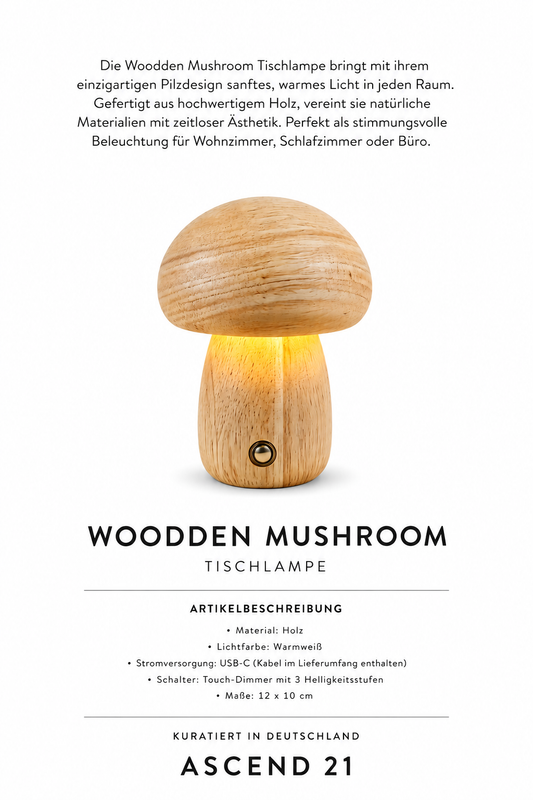 Wooden Mushroom Design Tischlampe aus Echtholz – Moderne Pilzlampe mit warmem Ambientelicht – Stilvolle Holzlampe für Wohnzimmer, Schlafzimmer & Schreibtisch