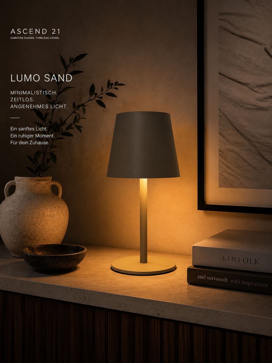 ASCEND 21 Lumo Sand Design-Tischlampe – Moderne Ambienteleuchte in Grau-Beige – Minimalistische Dekolampe für Wohnzimmer, Schlafzimmer & Homeoffice