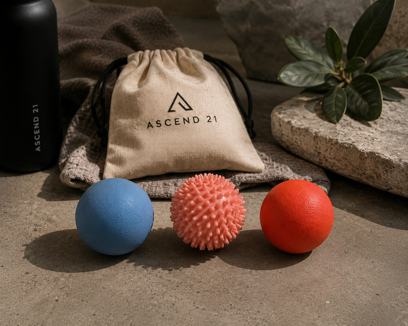 ASCEND 21 TRIROLLO® Massageball Set 3-teilig – Triggerpunktball & Faszienball für Hände, Füße, Nacken & Rücken – Kompaktes Selbstmassage-Set inklusive Beutel