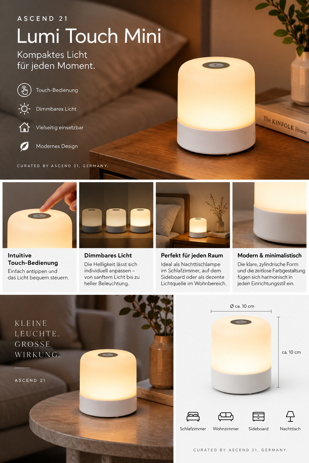 ASCEND 21 Lumi Touch Mini LED Tischlampe Weiß – Dimmbares Nachtlicht mit Touch-Bedienung, moderne Tischleuchte für Schlafzimmer, Nachttisch und Wohnbereich