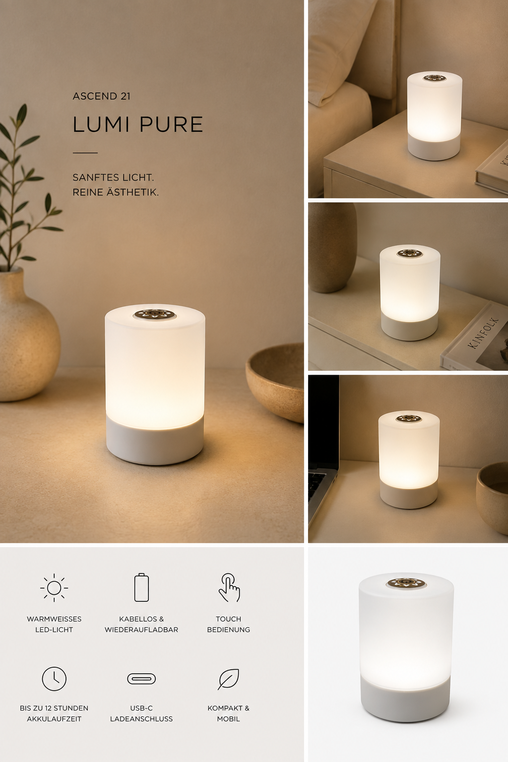 ASCEND 21 Lumi Pure – Minimalistische LED-Tischlampe in Weiß Klares Design. Sanftes Licht. Pure Ästhetik.