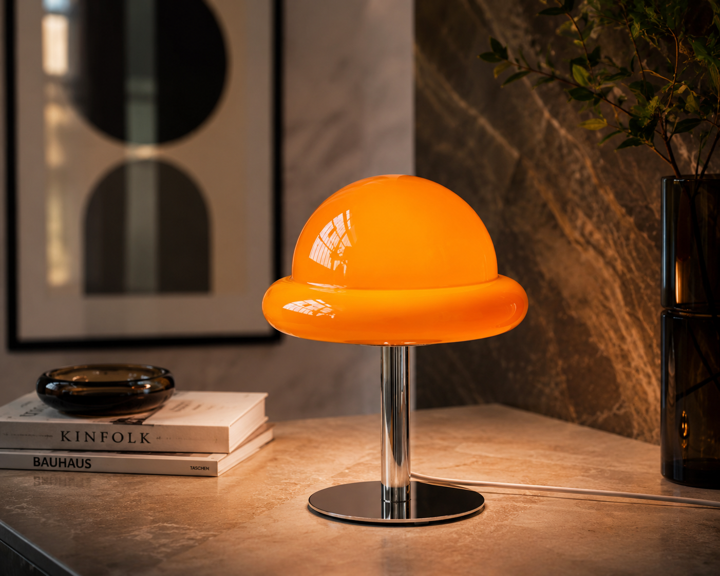 ASCEND 21 Halo Dome LED Tischlampe – Moderne Designlampe aus Glas und Metall – Orange Tischleuchte mit Kabel – Stilvolle Ambientebeleuchtung für Wohnzimmer, Schlafzimmer, Büro & Home Office