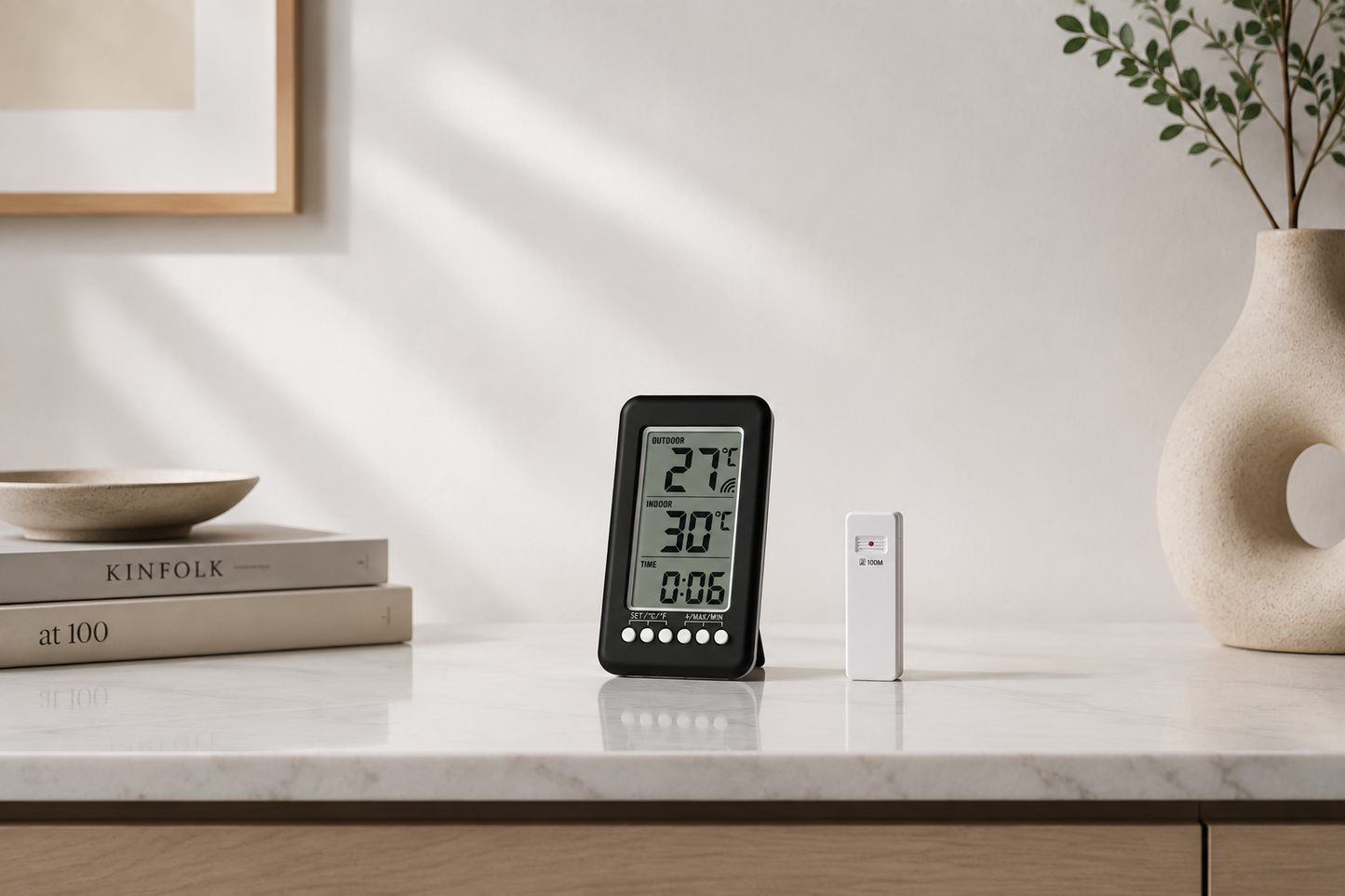 ASCEND 21 Funk-Thermometer mit Außensensor – Digitales Innen- & Außenthermometer mit LCD-Display, Funkübertragung, Min-/Max-Anzeige, Uhrzeit, Tischaufsteller & Wandmontage, Schwarz