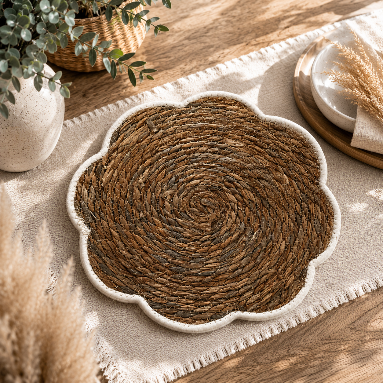 ASCEND 21 Boho Tischset Blume aus Naturfaser – Dekoratives geflochtenes Platzset im Naturdesign für Esstisch, Küche & Wohnaccessoires