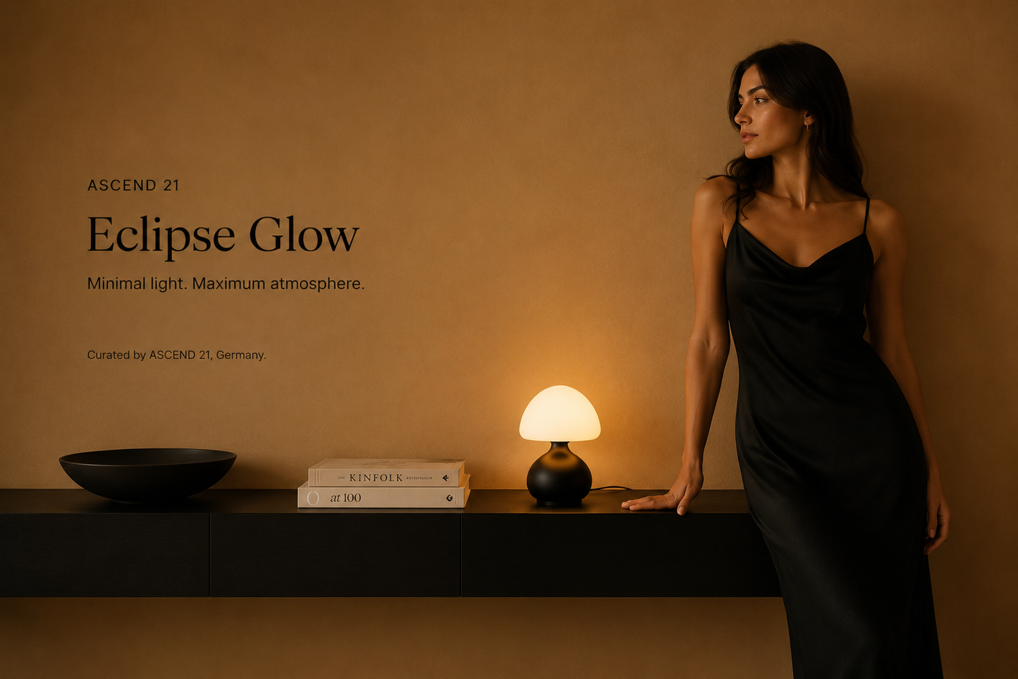 ASCEND 21 Eclipse Glow – Schwarze Design Pilzlampe mit LED – Minimalistische Tischlampe im Mid-Century Stil – USB-Tischlampe mit 3 Lichtfarben & Dimmfunktion – 19,5 cm – Modernes Wohnaccessoire