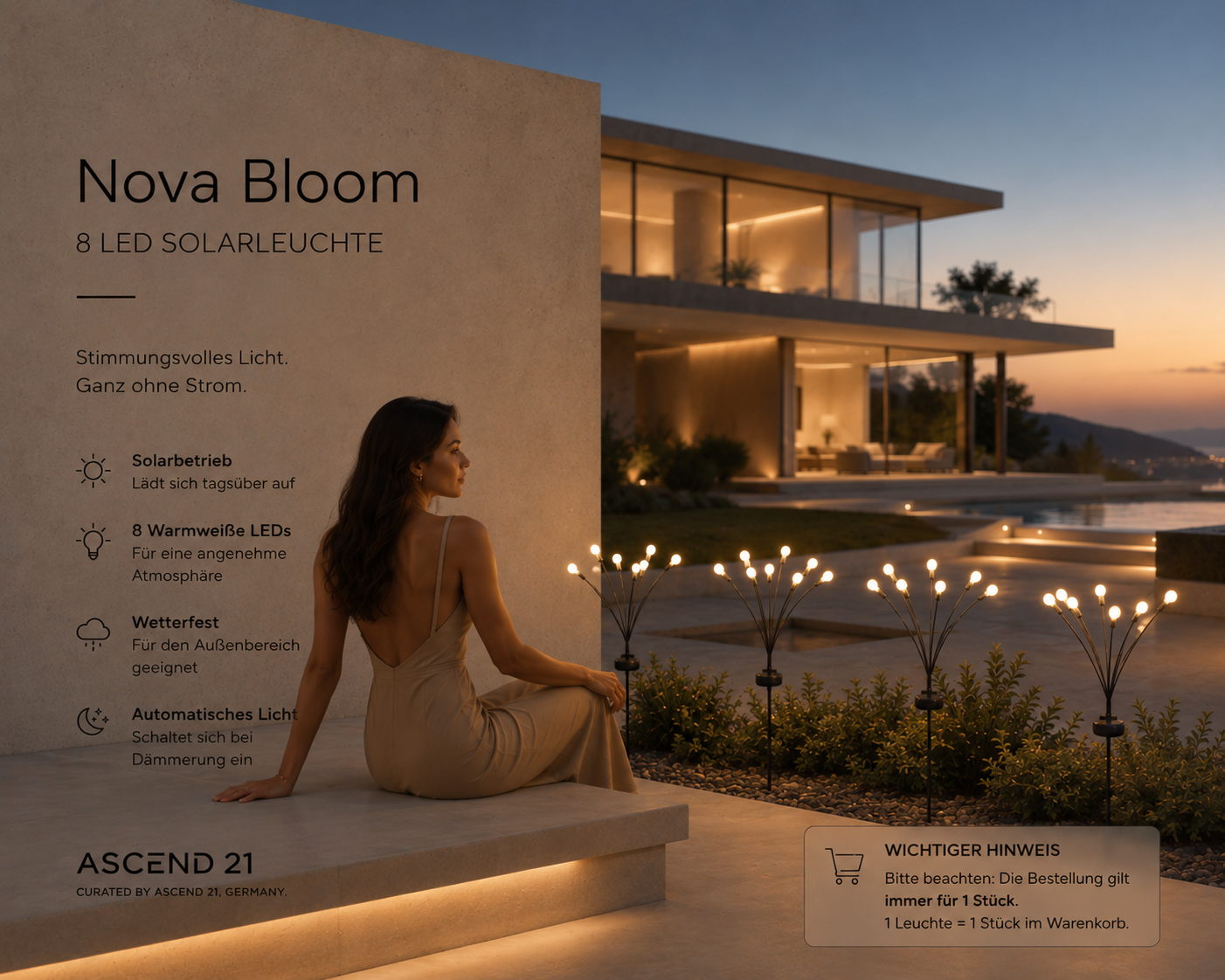 ASCEND 21 Nova Bloom Solarleuchte – 8 LED Gartenleuchte für Außen – Dekorative Solar-Gartenlampe mit warmweißem Licht – Wetterfest – Ideal für Garten, Beet, Balkon & Terrasse