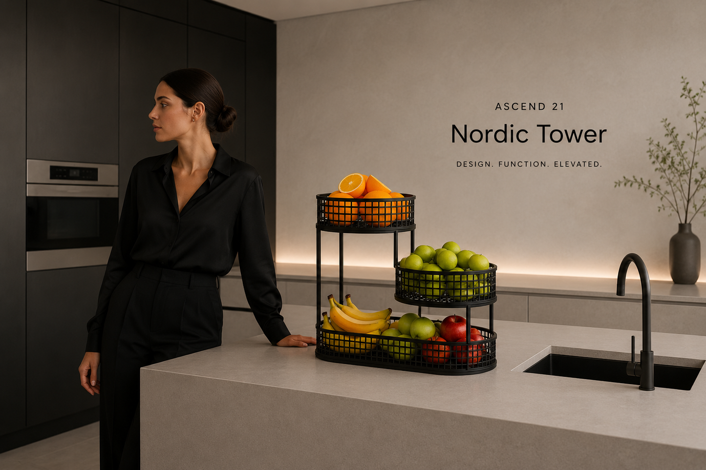 ASCEND 21 Nordic Tower – 3-stufiger Obstkorb aus Metall – Moderner Obstständer mit 3 Körben – Platzsparende Obstschale für Küche, Esstisch & Kücheninsel – Minimalistisches Design in Mattschwarz