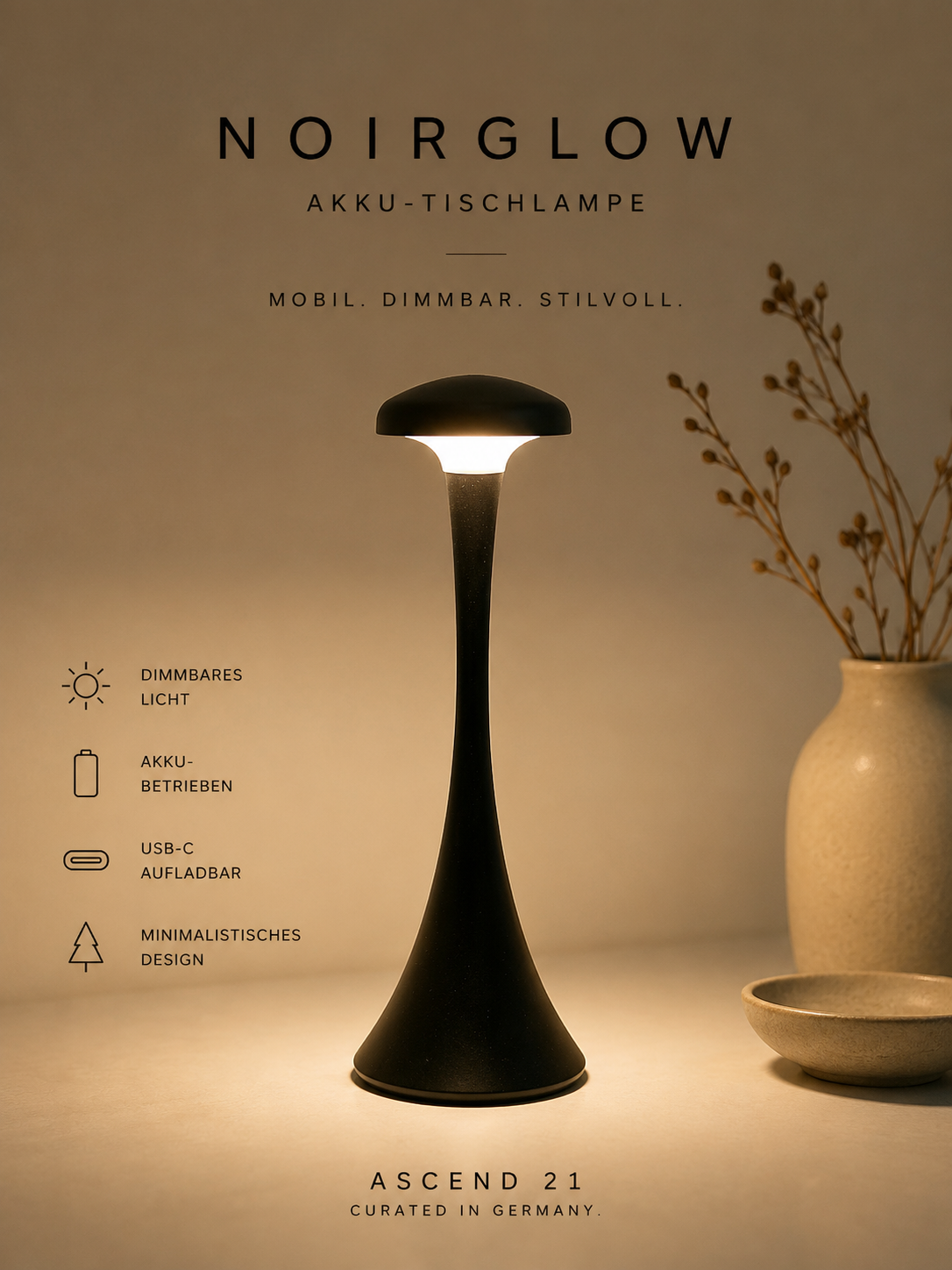 ASCEND 21 NoirGlow – Mobile LED-Tischlampe in Schwarz