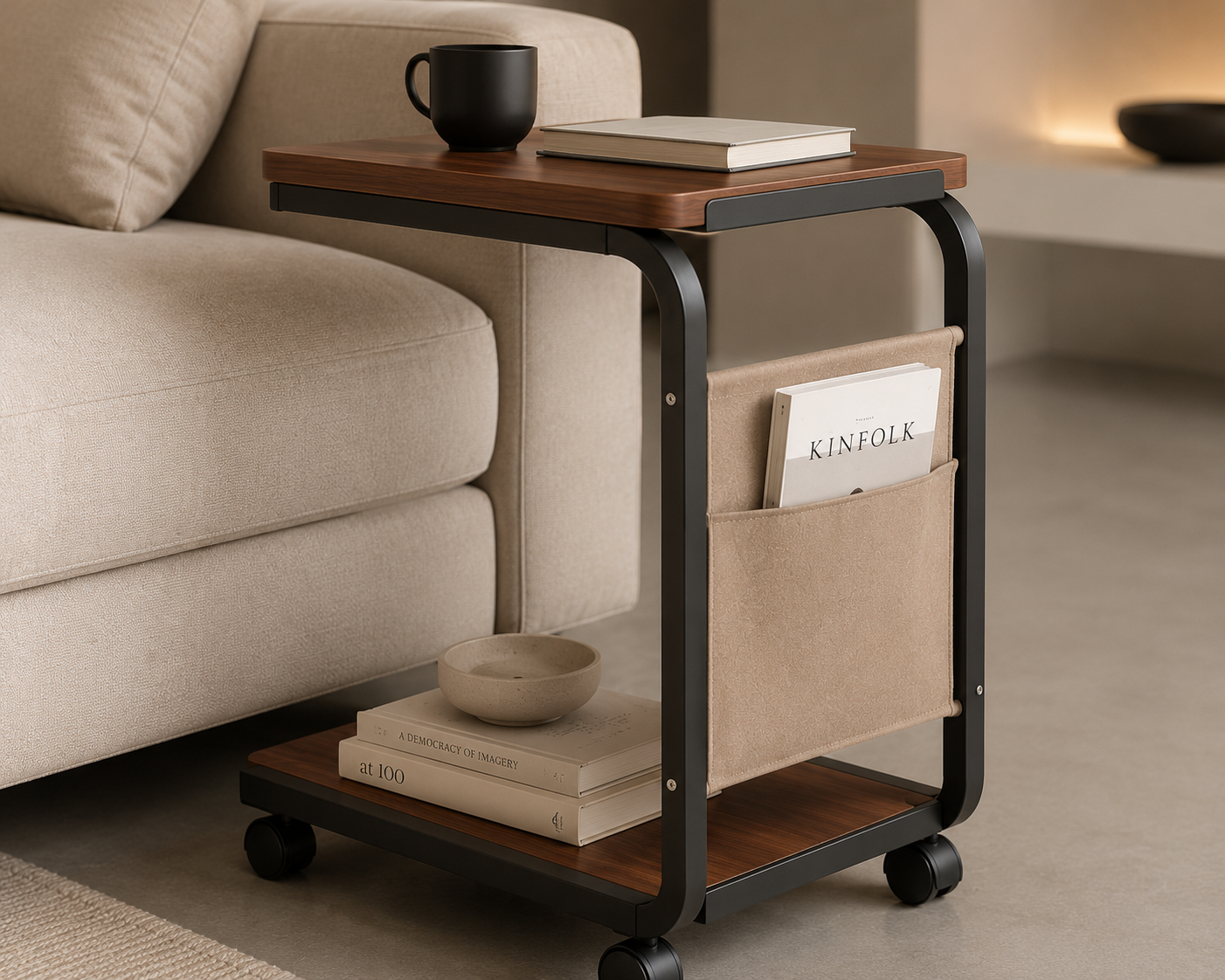 ASCEND 21 Nordic Roll – C-förmiger Beistelltisch mit Rollen & Seitentasche – Moderner Sofatisch aus Holz & Metall – Rollbarer Couchtisch für Sofa, Bett, Wohnzimmer & Schlafzimmer