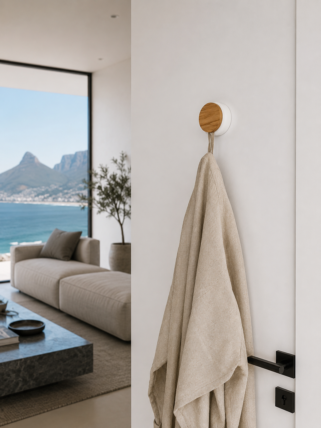 ASCEND 21 PureHook Türhaken Weiß & Holz – Moderner Türhänger ohne Bohren | Eleganter Kleiderhaken für Tür, Badezimmer & Schlafzimmer | Handtuchhalter für Bademantel im Scandi Design