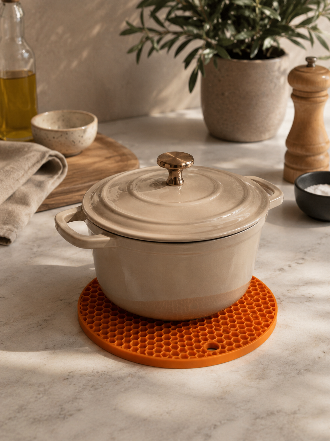 HEXORA MINI Topfuntersetzer Ø 14 cm – Hitzebeständiger Untersetzer mit Wabenstruktur – Rutschfester Küchenuntersetzer für Töpfe, Pfannen & Kannen – Kompakt, Modern & Pflegeleicht