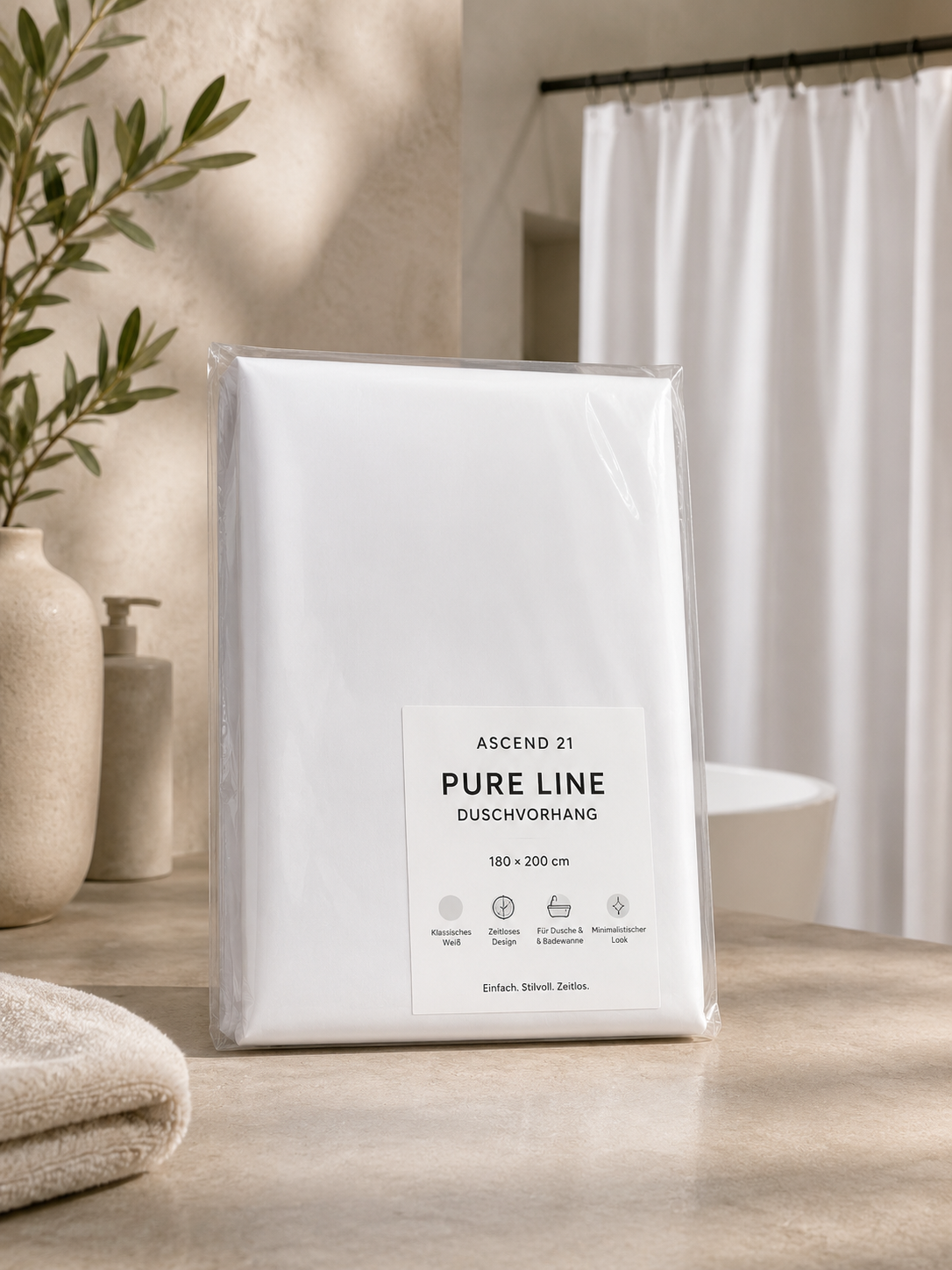 ASCEND 21 PURE LINE Duschvorhang Weiß 180 × 200 cm – Moderner Badezimmer Vorhang | Minimalistischer Badvorhang für Dusche & Badewanne | Schlichtes Design für Bad, Gäste-WC & Zuhause