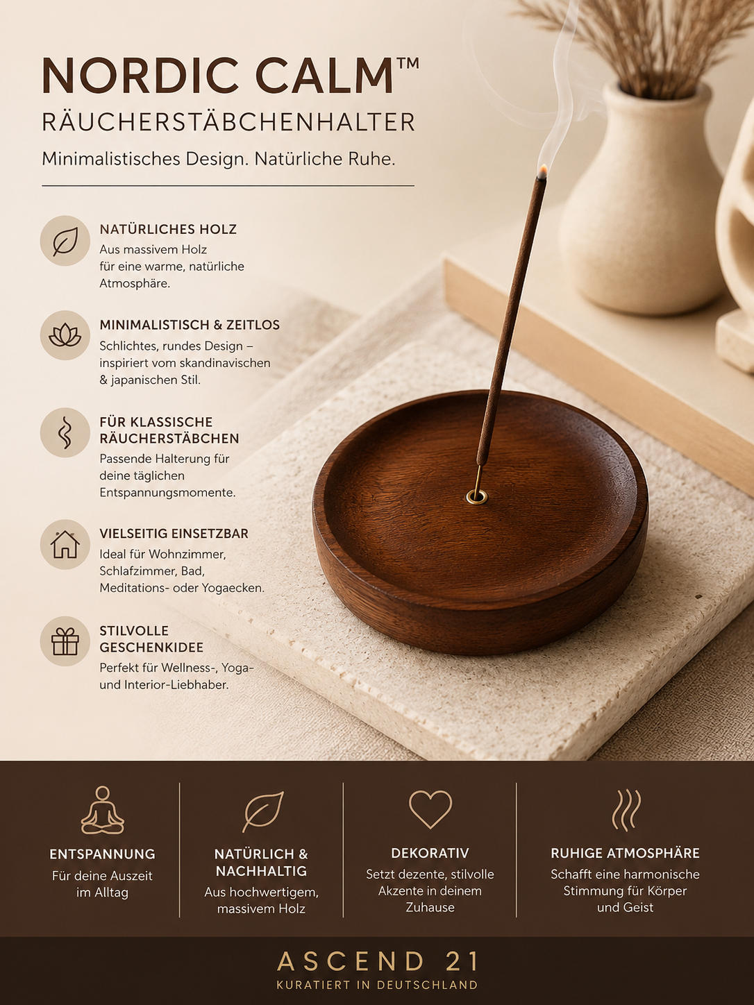 ASCEND 21 Nordic Calm™ Räucherstäbchenhalter Holz – Runder minimalistischer Räucherstäbchen Halter aus Holz | Zen Deko für Zuhause, Meditation & Entspannung | Skandinavisches Design für Wohnzimmer, Bad & Schlafzimmer
