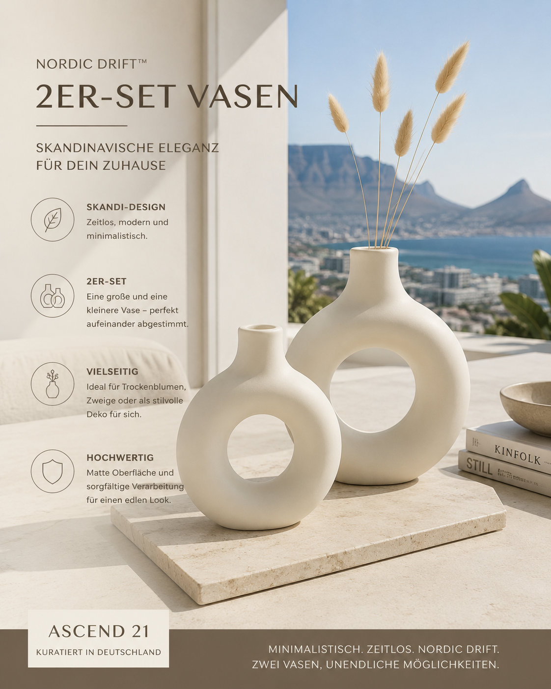 ASCEND 21 Nordic Drift™ Vasen 2er Set – Skandinavische Deko Vasen modern | Minimalistische Tischvasen mit matter Oberfläche | Keramik-Look für Wohnzimmer, Schlafzimmer & Interior Deko