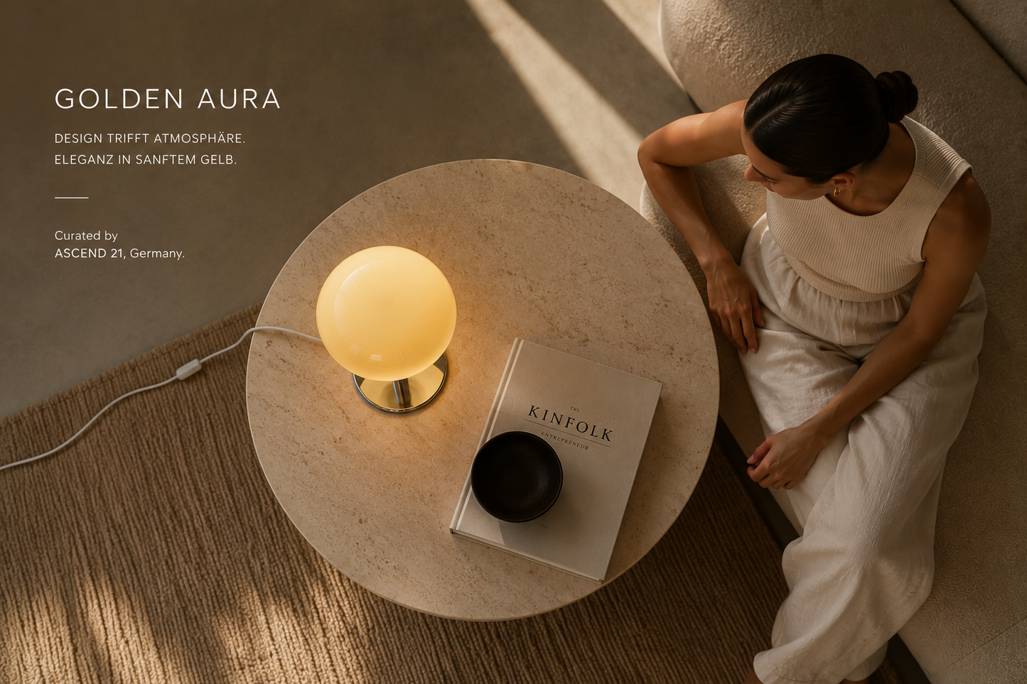 ASCEND 21 Golden Aura – Design-Tischlampe aus Glas & poliertem Chrom-Metall – Cremegelbe Pilzlampe Ø 20 cm – 28 cm Höhe – Elegante Designerleuchte für Wohnzimmer, Schlafzimmer & Sideboard