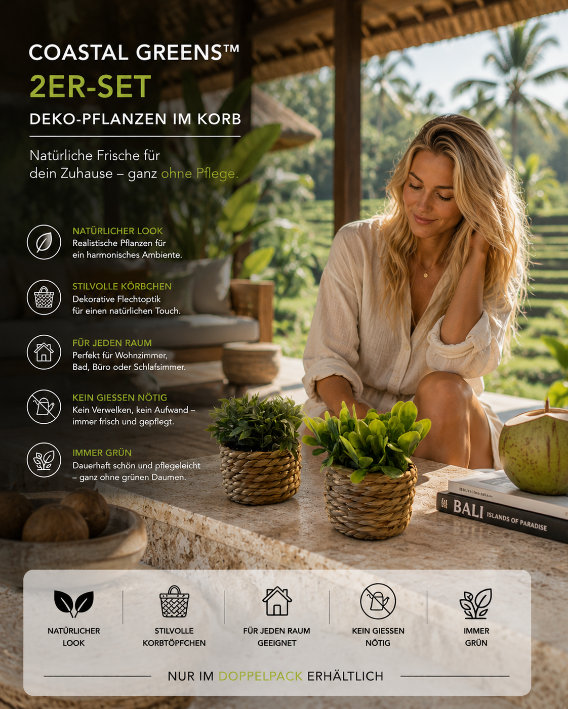 Coastal Greens™ 2er-Set Deko-Kunstpflanzen im Korb – realistische künstliche Pflanzen für Wohnzimmer, Badezimmer & Büro | Pflegefreie Mini-Zimmerpflanzen im Boho & Skandi Design