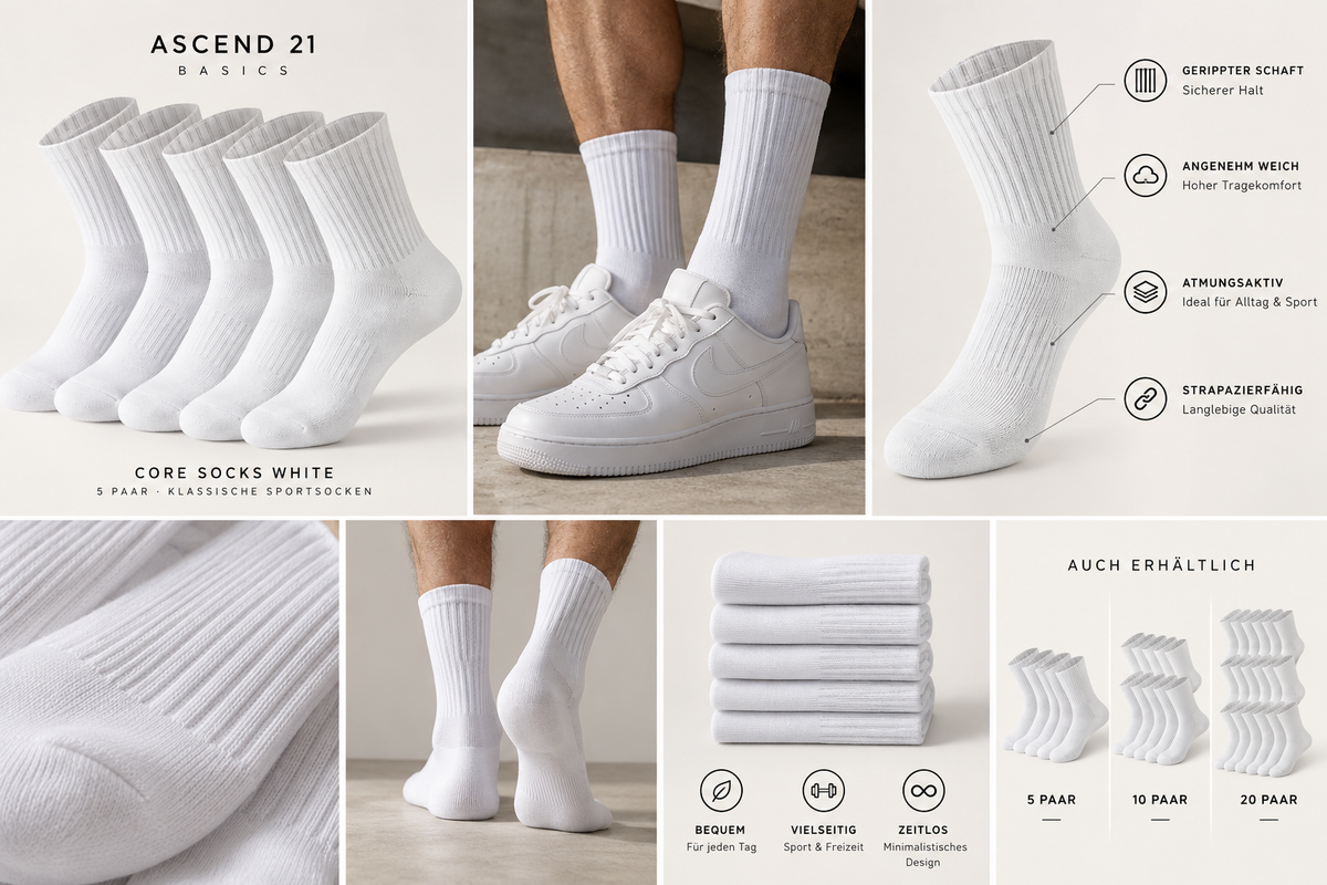 ASCEND 21 Core Socks White – Klassische weiße Sportsocken im 5er-Set