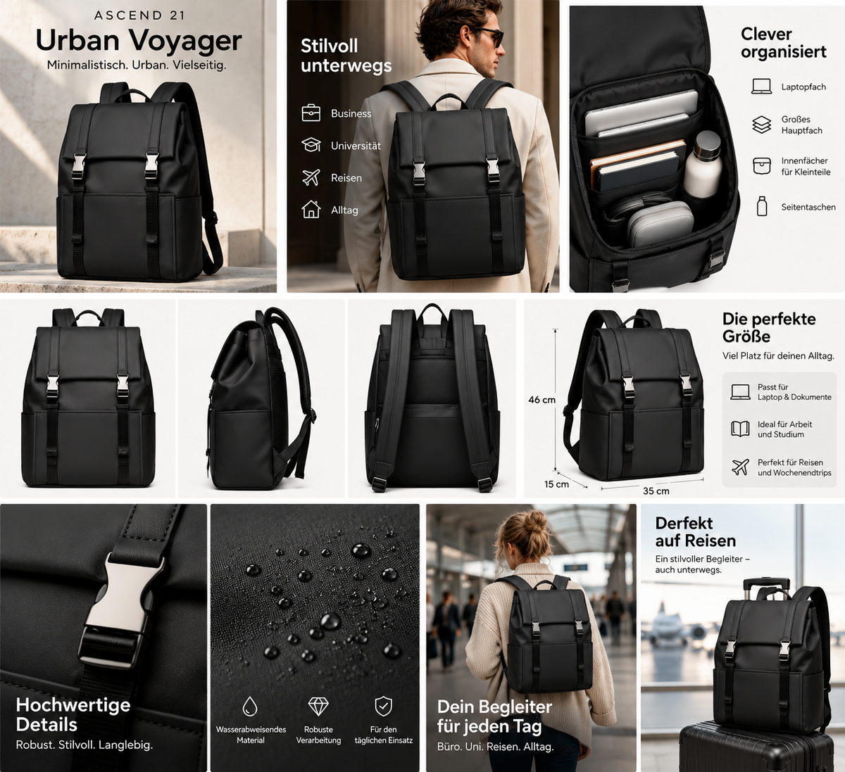 ASCEND 21 Urban Voyager Rucksack Schwarz – Moderner Business Rucksack für Herren & Damen – Minimalistischer Laptop Rucksack mit Schnallenverschluss – Reiserucksack für Büro, Uni & Alltag – 46 x 35 x 15 cm