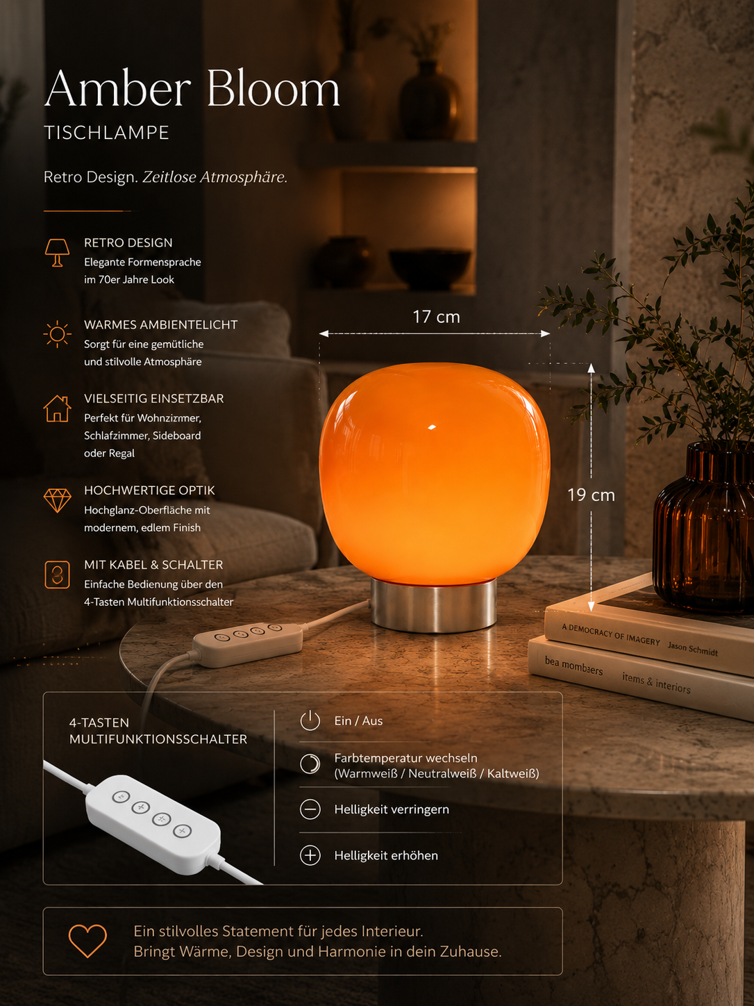 ASCEND 21 Amber Bloom Designlampe – Retro Tischlampe mit Warmem Ambiente-Licht, Stilvolle Wohnraumbeleuchtung für Wohnzimmer und Schlafzimmer