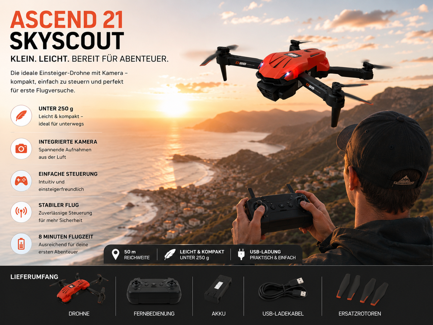 ASCEND 21 SkyScout – Mini Drohne mit Kamera für Anfänger | RC Quadrocopter mit Fernbedienung, leichtes Design, USB-Ladung, Indoor & Outdoor Flugspaß für Kinder und Erwachsene