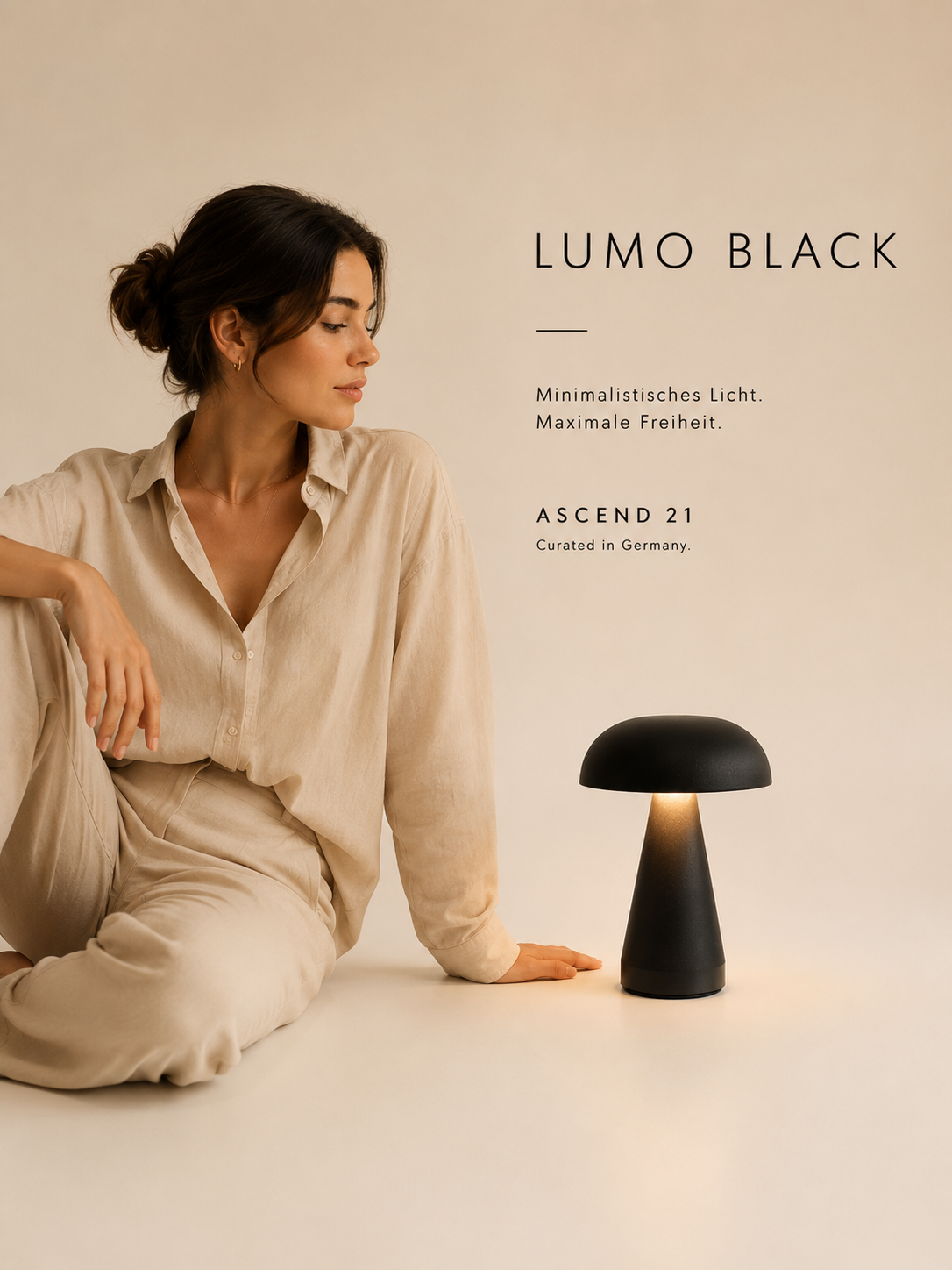 ASCEND 21 LUMO Black LED Tischlampe – Mobile Designlampe in Matt-Schwarz, warmweißes Licht, Touch-Bedienung, kompakte Lampe für Nachttisch, Wohnzimmer & Schreibtisch