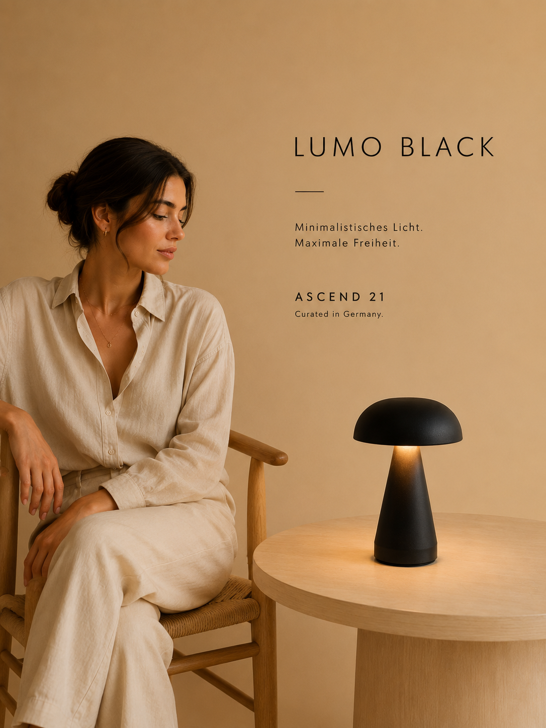 ASCEND 21 LUMO Black LED Tischlampe – Mobile Designlampe in Matt-Schwarz, warmweißes Licht, Touch-Bedienung, kompakte Lampe für Nachttisch, Wohnzimmer & Schreibtisch