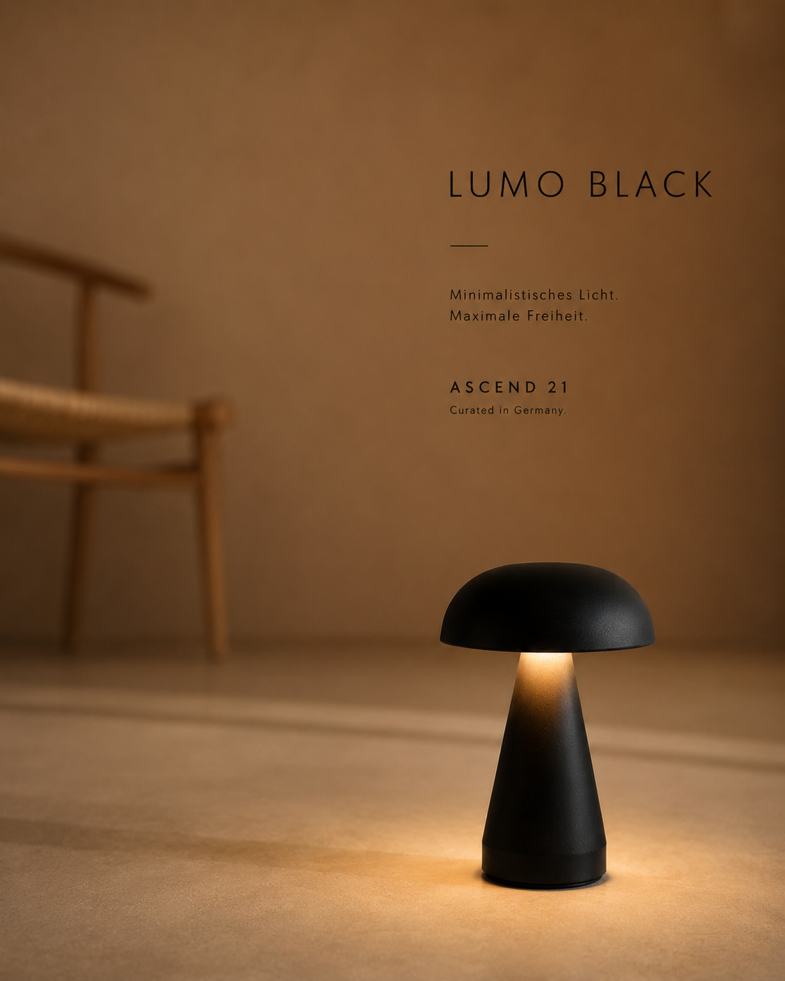 ASCEND 21 LUMO Black LED Tischlampe – Mobile Designlampe in Matt-Schwarz, warmweißes Licht, Touch-Bedienung, kompakte Lampe für Nachttisch, Wohnzimmer & Schreibtisch