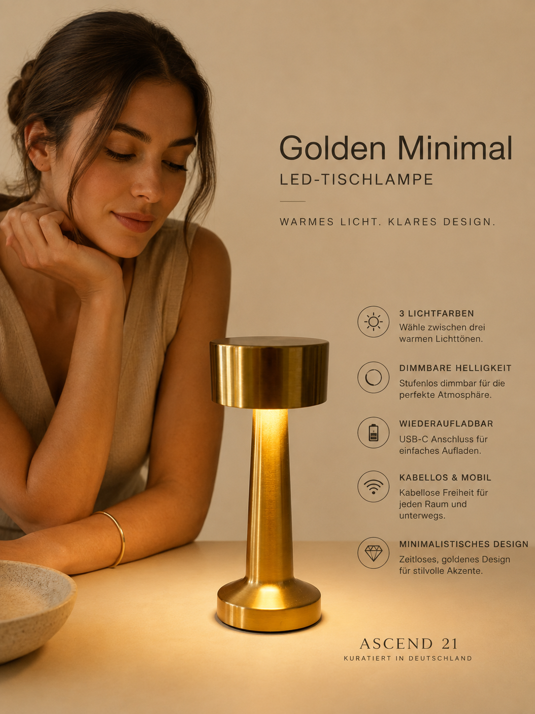 ASCEND 21 Golden Minimal LED Tischlampe Gold – dimmbare Designlampe mit 3 Lichtfarben – mobile Tischleuchte für Nachttisch, Sideboard & Wohnbereich