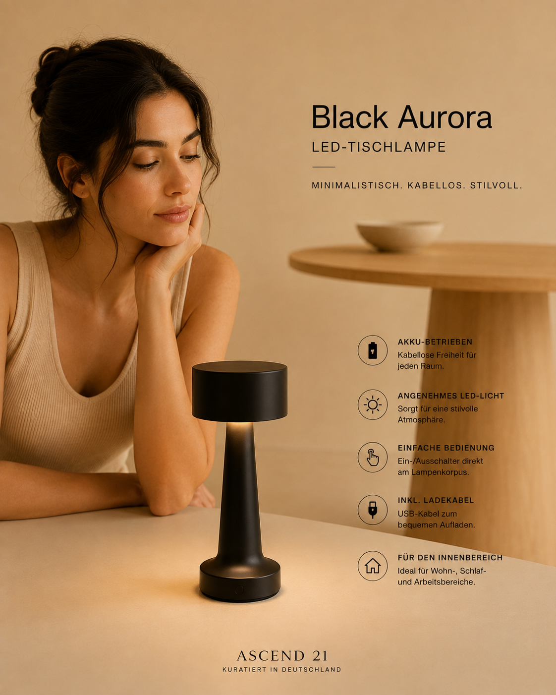 ASCEND 21 Black Aurora LED Tischlampe Schwarz – mobile Design Tischleuchte – minimalistische Lampe für Nachttisch, Esstisch, Wohnzimmer & Büro