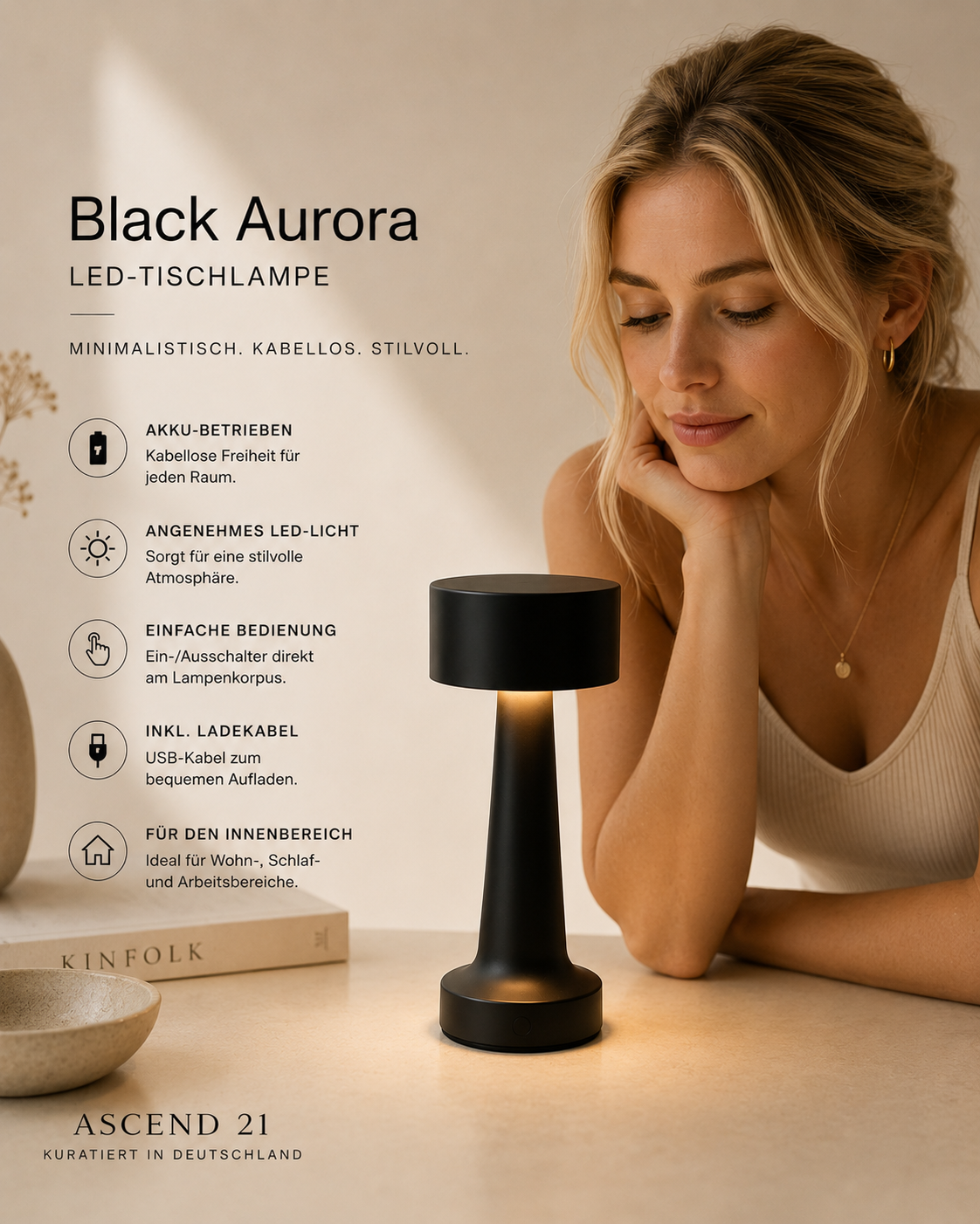 ASCEND 21 Black Aurora LED Tischlampe Schwarz – mobile Design Tischleuchte – minimalistische Lampe für Nachttisch, Esstisch, Wohnzimmer & Büro