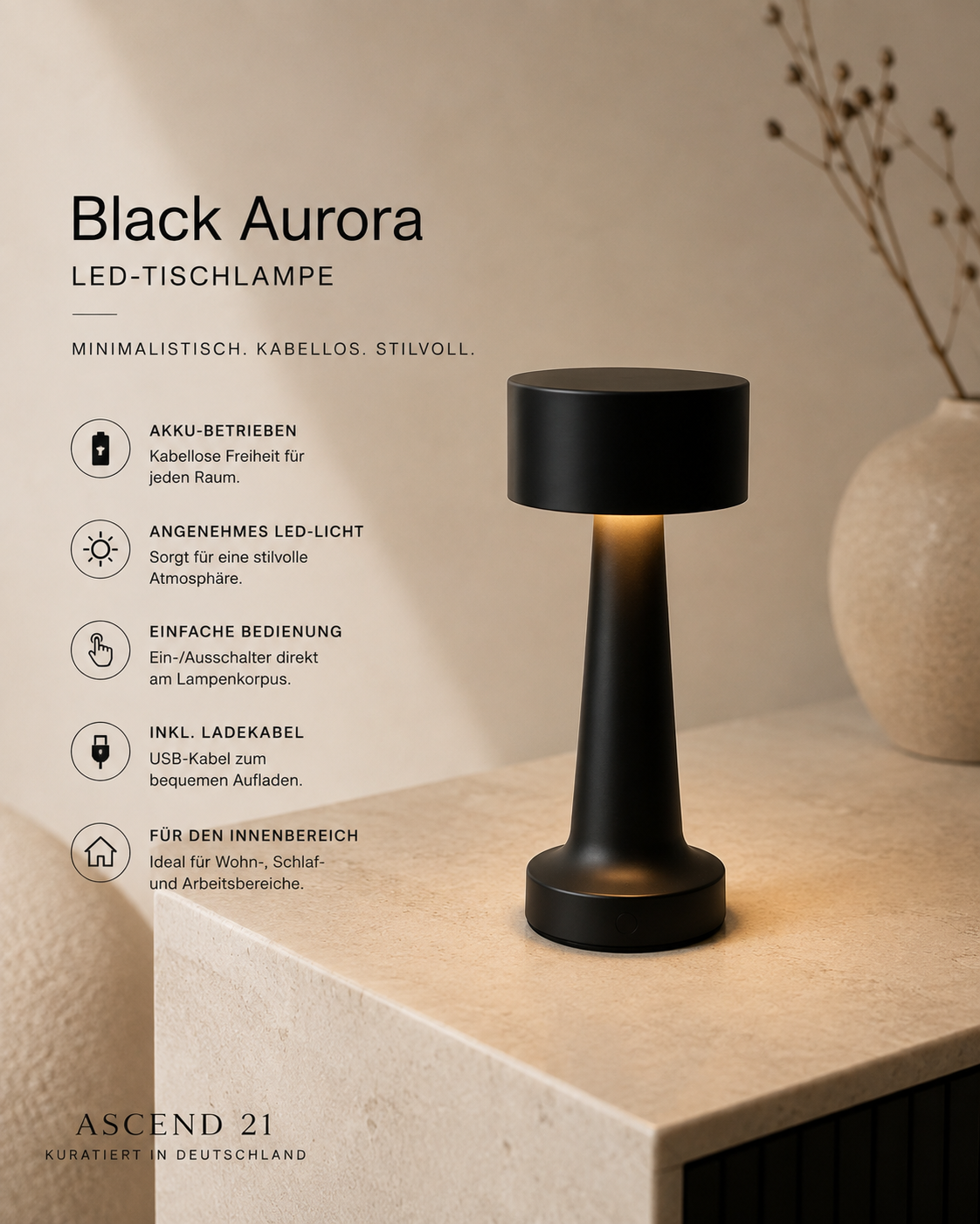 ASCEND 21 Black Aurora LED Tischlampe Schwarz – mobile Design Tischleuchte – minimalistische Lampe für Nachttisch, Esstisch, Wohnzimmer & Büro