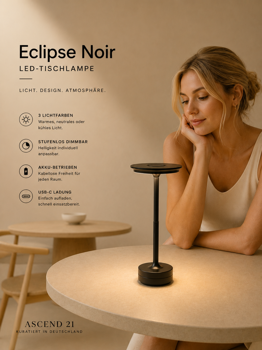 ASCEND 21 Eclipse Noir LED Tischlampe Schwarz – dimmbare Designlampe mit 3 Lichtfarben – mobile Tischleuchte für Nachttisch, Esstisch & Wohnbereich