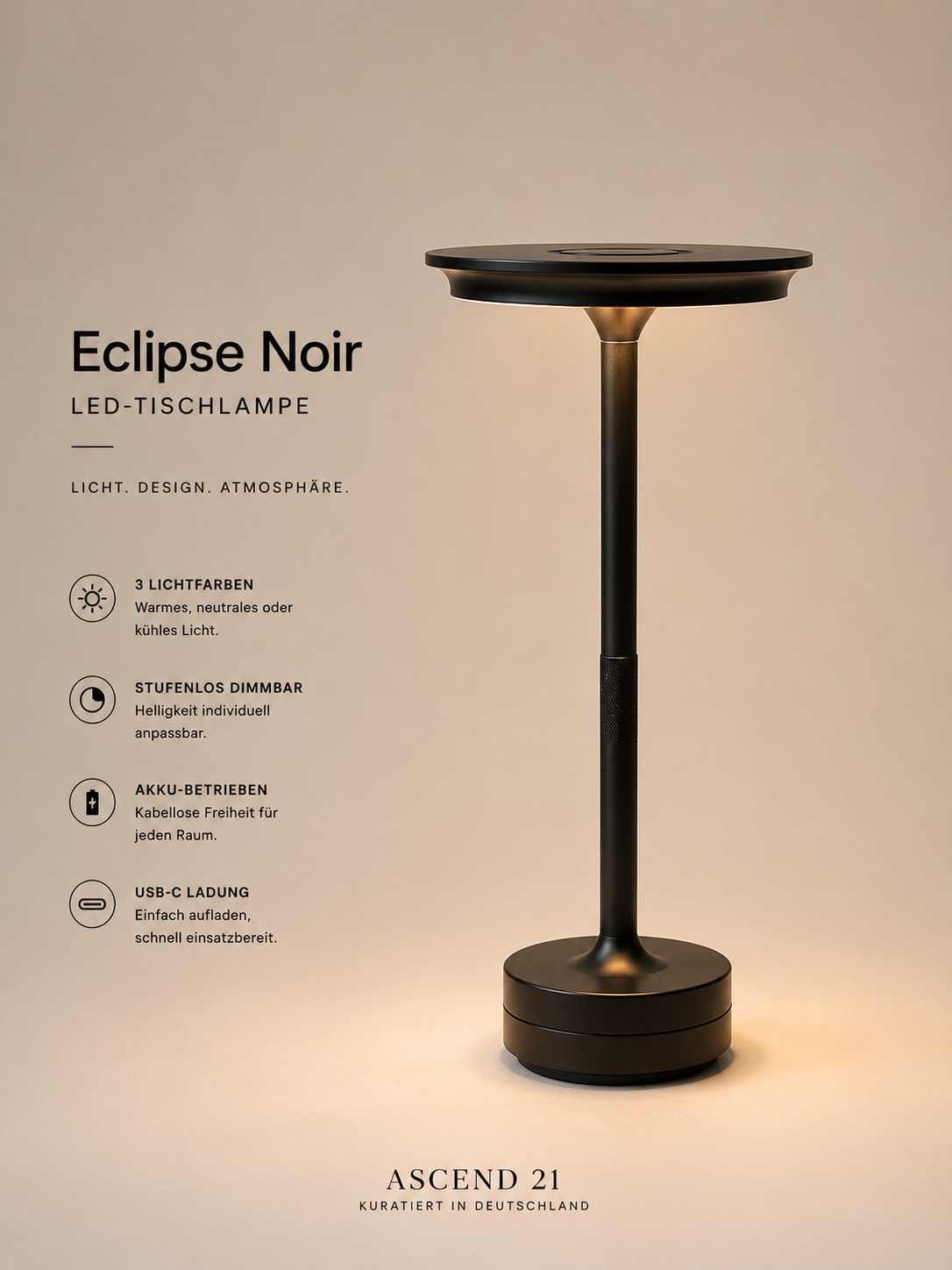 ASCEND 21 Eclipse Noir LED Tischlampe Schwarz – dimmbare Designlampe mit 3 Lichtfarben – mobile Tischleuchte für Nachttisch, Esstisch & Wohnbereich