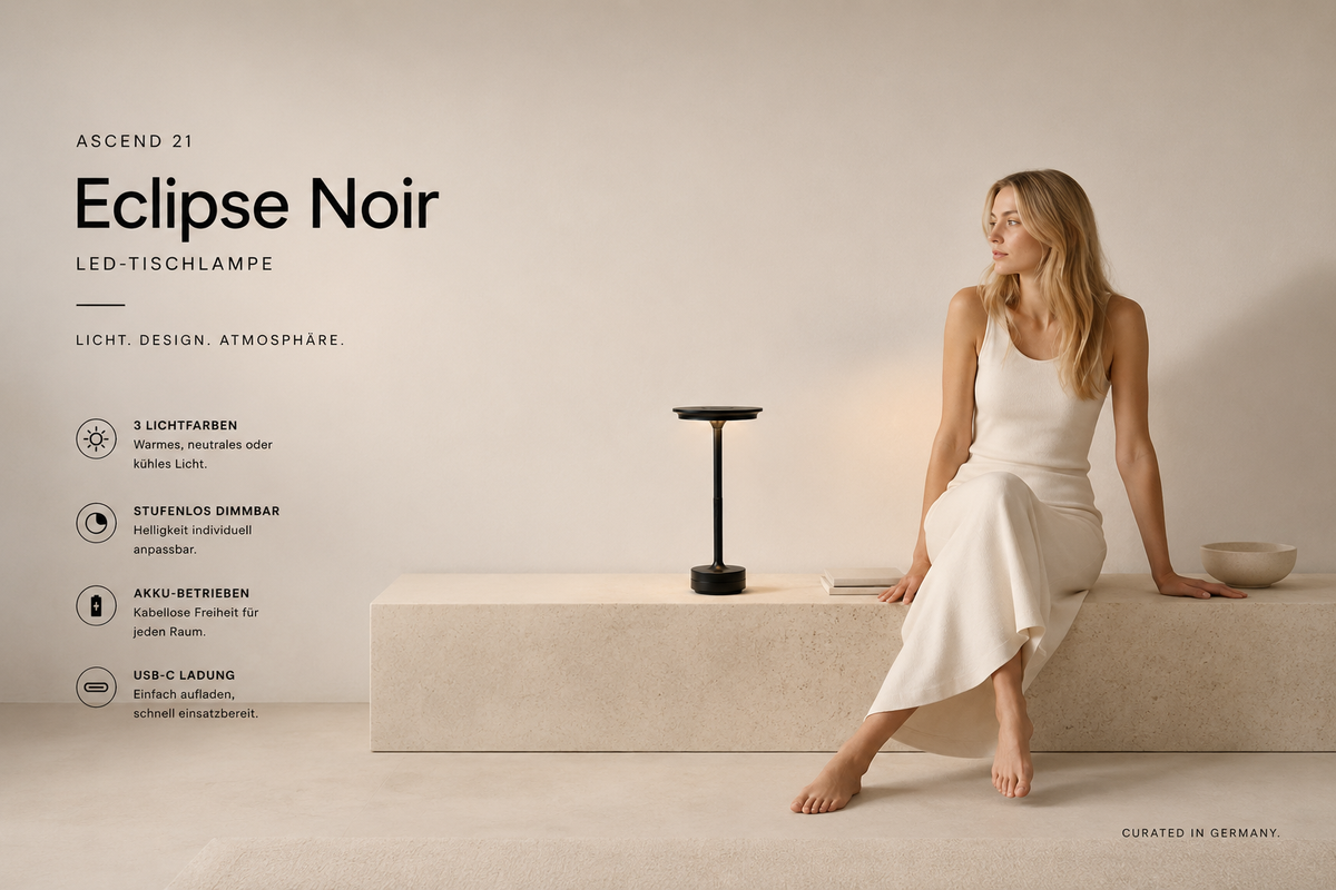 ASCEND 21 Eclipse Noir LED Tischlampe Schwarz – dimmbare Designlampe mit 3 Lichtfarben – mobile Tischleuchte für Nachttisch, Esstisch & Wohnbereich
