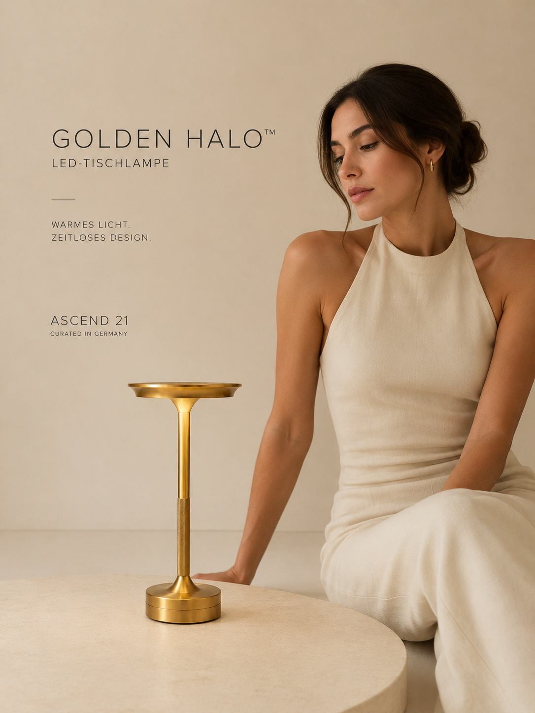ASCEND 21 GOLDEN HALO™ LED-Tischlampe – Goldene Designleuchte – dimmbar mit 3 Lichtfarben – mobile Tischleuchte für Wohnzimmer, Schlafzimmer & Esstisch