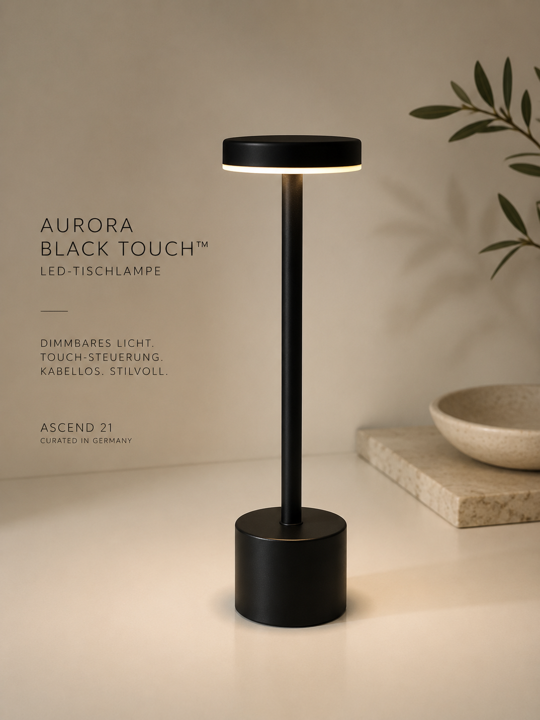 ASCEND 21 AURORA BLACK TOUCH™ LED-Tischlampe – Mattschwarze Designleuchte mit Touch-Dimmer – mobile Tischleuchte für Wohnzimmer, Schlafzimmer & Schreibtisch