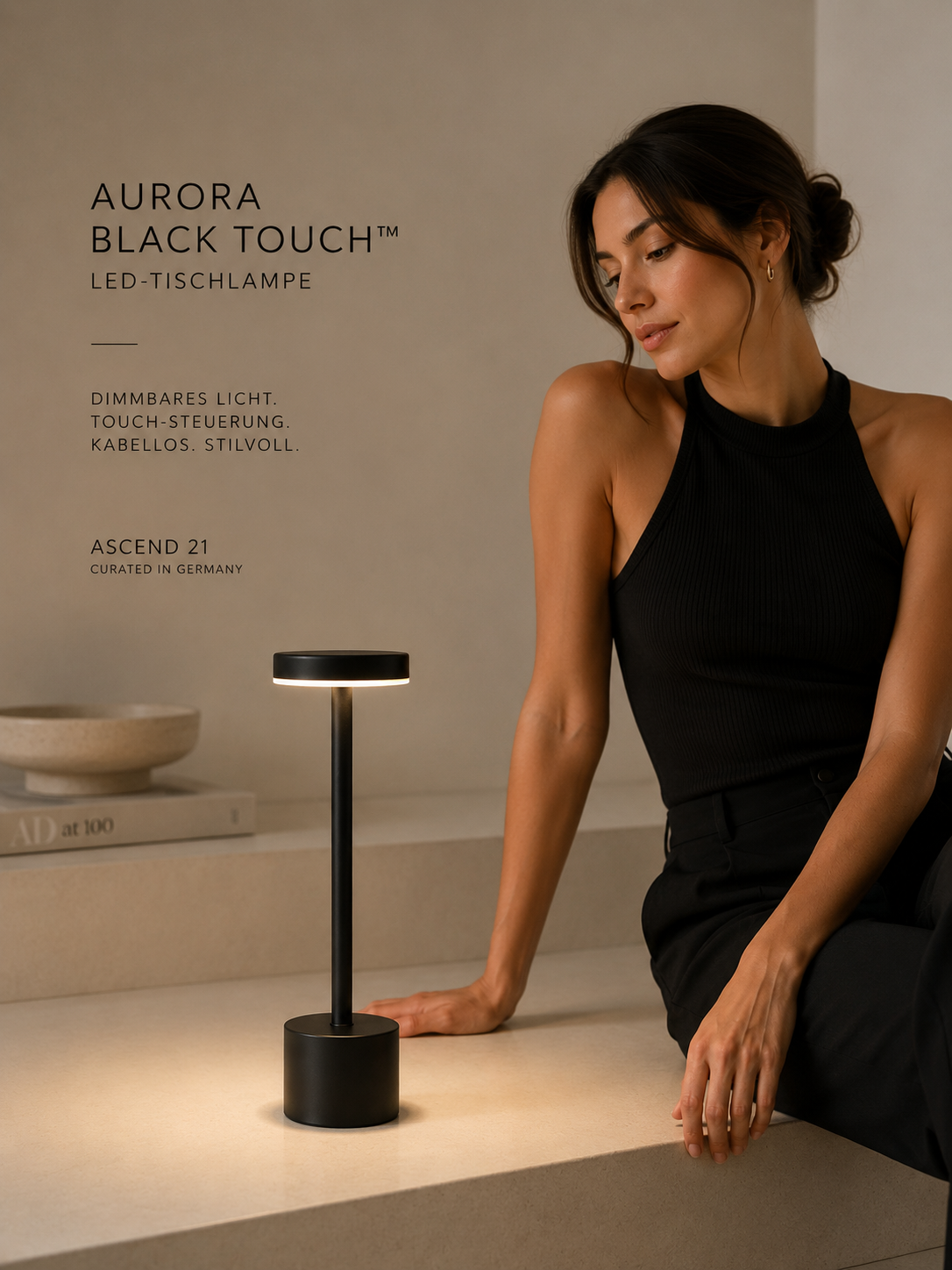 ASCEND 21 AURORA BLACK TOUCH™ LED-Tischlampe – Mattschwarze Designleuchte mit Touch-Dimmer – mobile Tischleuchte für Wohnzimmer, Schlafzimmer & Schreibtisch