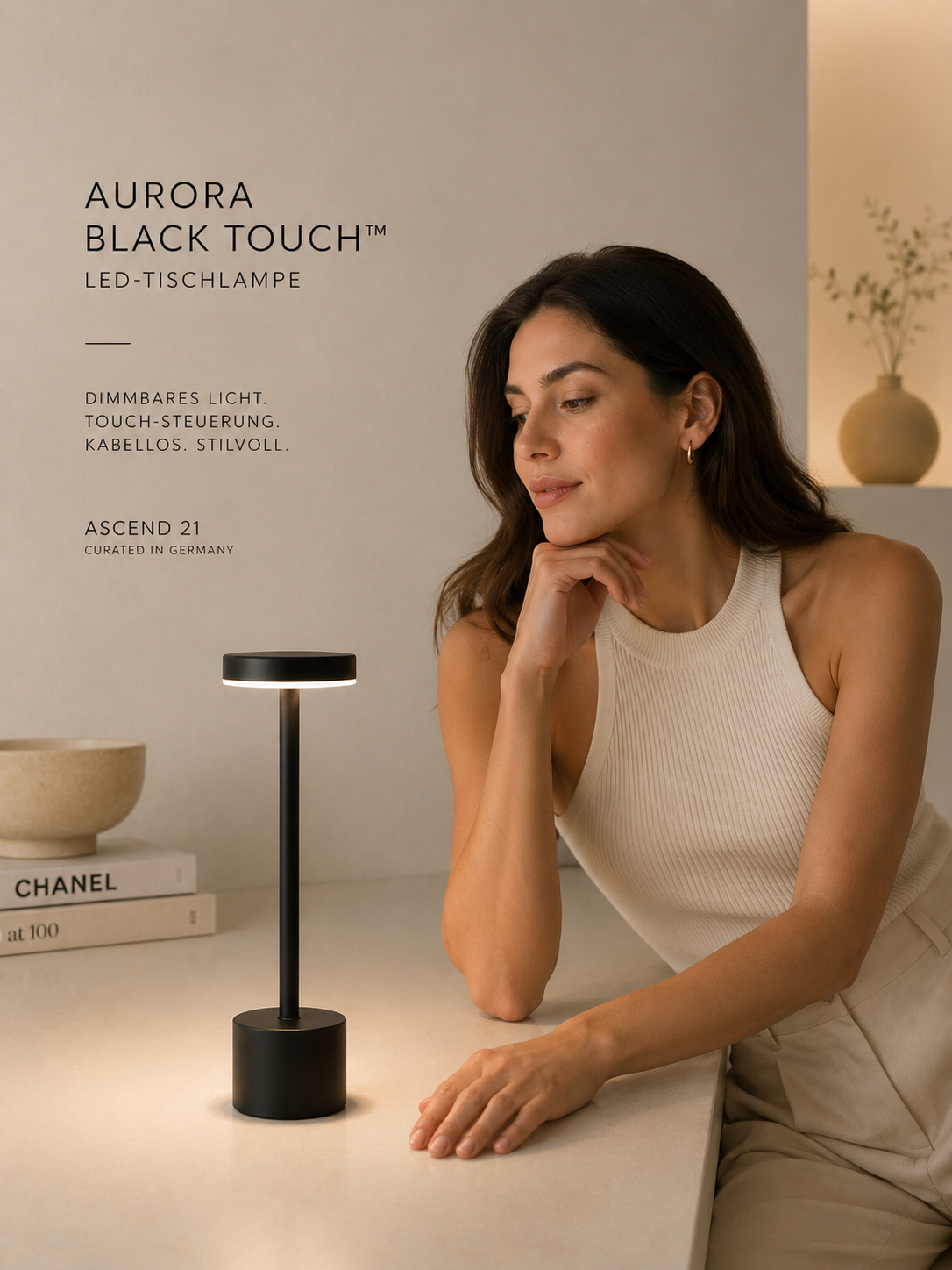 ASCEND 21 AURORA BLACK TOUCH™ LED-Tischlampe – Mattschwarze Designleuchte mit Touch-Dimmer – mobile Tischleuchte für Wohnzimmer, Schlafzimmer & Schreibtisch