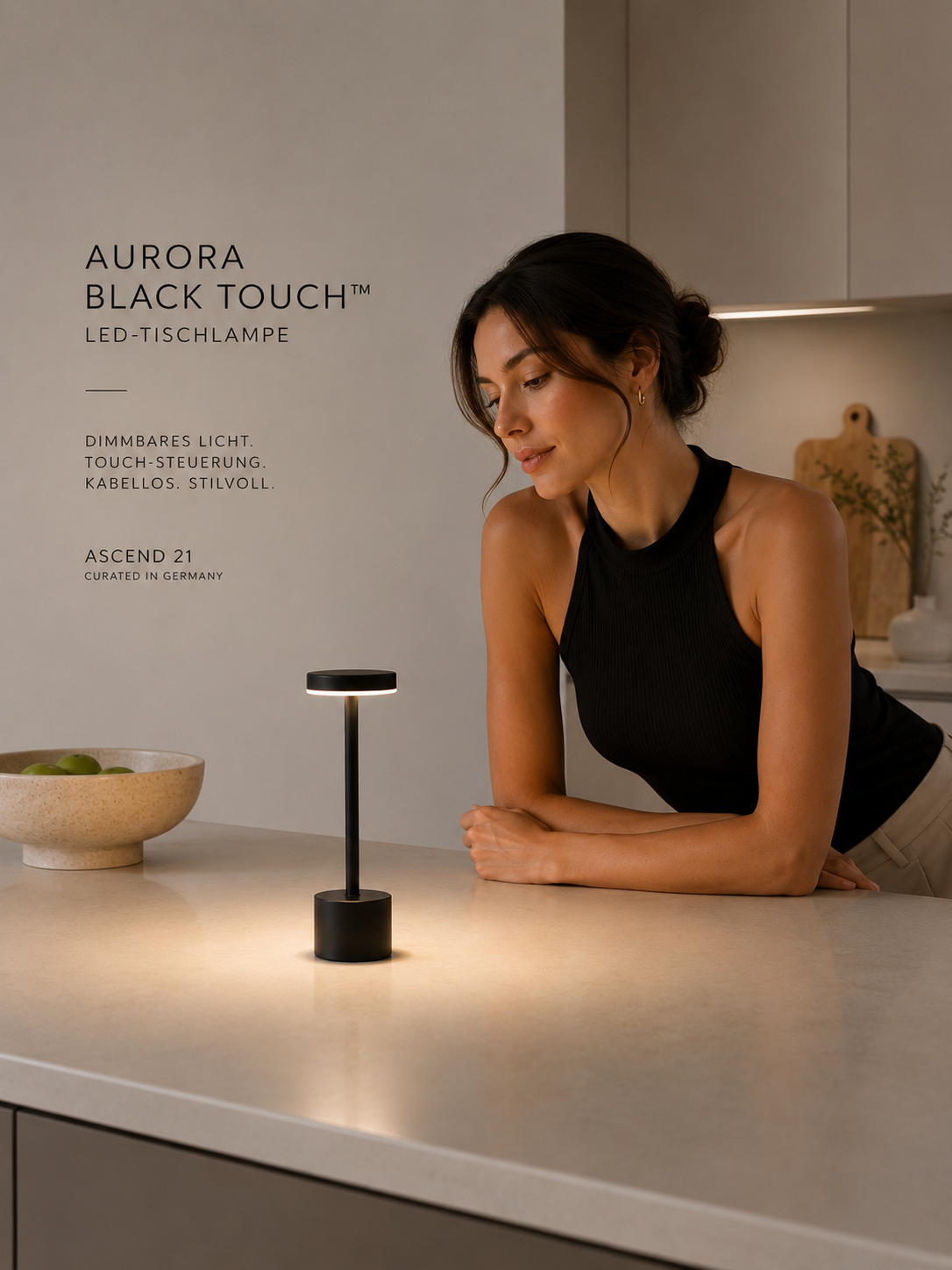 ASCEND 21 AURORA BLACK TOUCH™ LED-Tischlampe – Mattschwarze Designleuchte mit Touch-Dimmer – mobile Tischleuchte für Wohnzimmer, Schlafzimmer & Schreibtisch