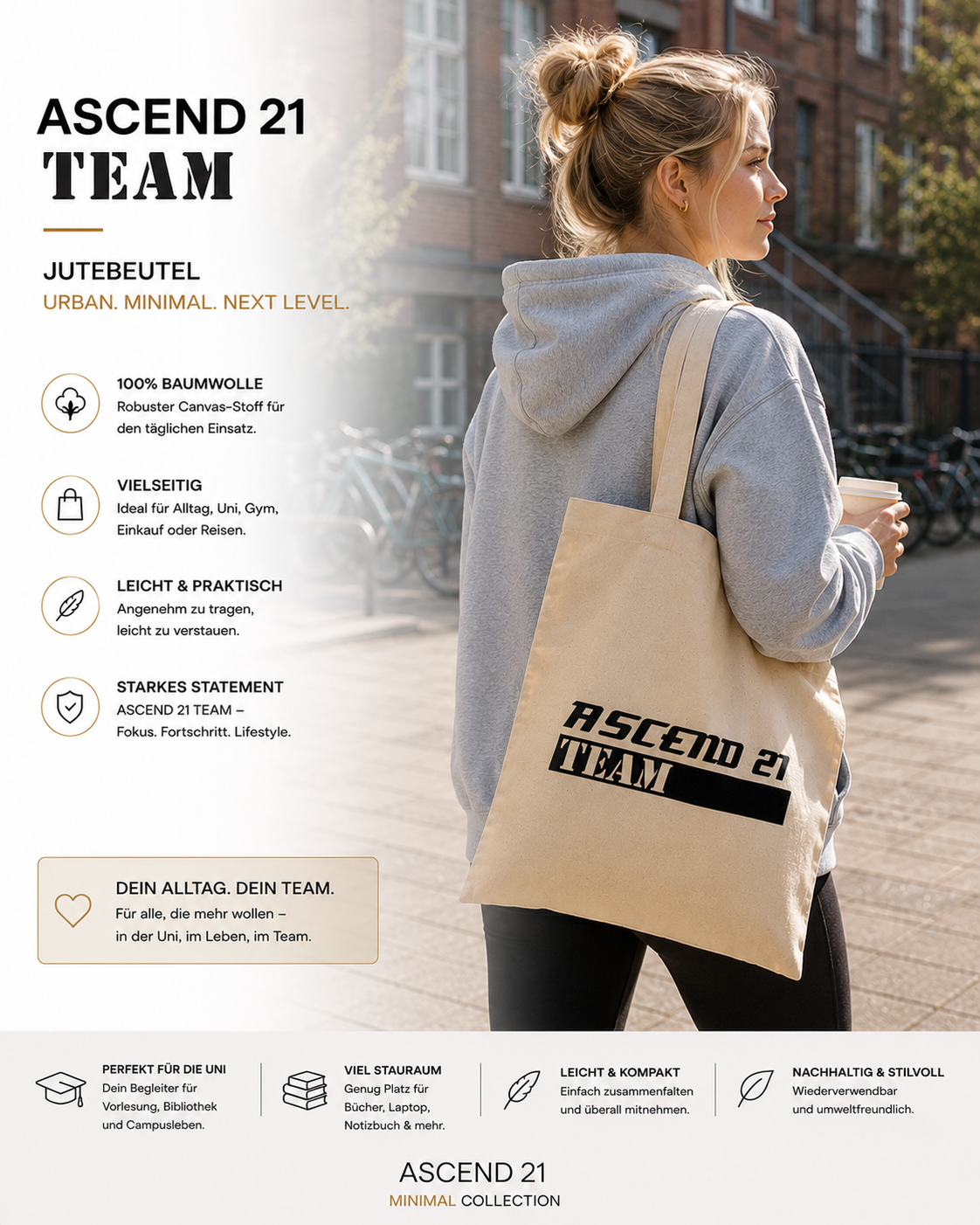 ASCEND 21 TEAM Jutebeutel – Urban Canvas Bag aus Baumwolle mit Statement-Print | Stoffbeutel & Shopper für Alltag, Uni, Gym & Reisen | leichte Tragetasche im minimalistischen Design