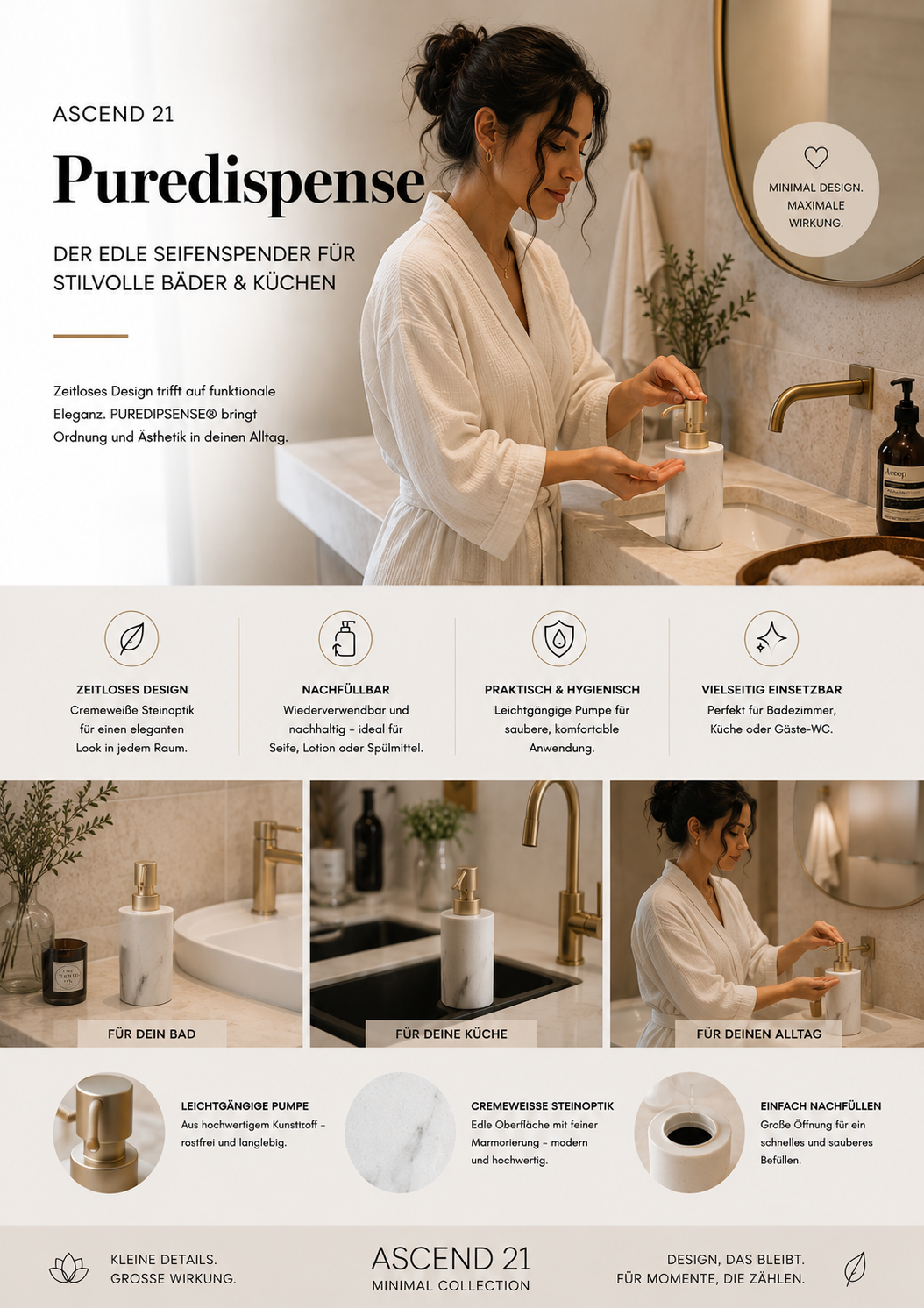 ASCEND 21 PureDispense™ Seifenspender Cremeweiß – Eleganter Flüssigseifenspender in Steinoptik | nachfüllbarer Spender für Bad & Küche | moderner Seifenbehälter mit Pumpspender | Minimal Design