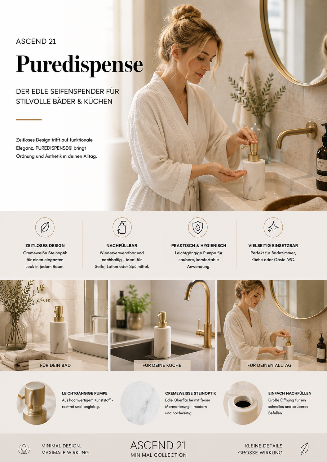 ASCEND 21 PureDispense™ Seifenspender Cremeweiß – Eleganter Flüssigseifenspender in Steinoptik | nachfüllbarer Spender für Bad & Küche | moderner Seifenbehälter mit Pumpspender | Minimal Design