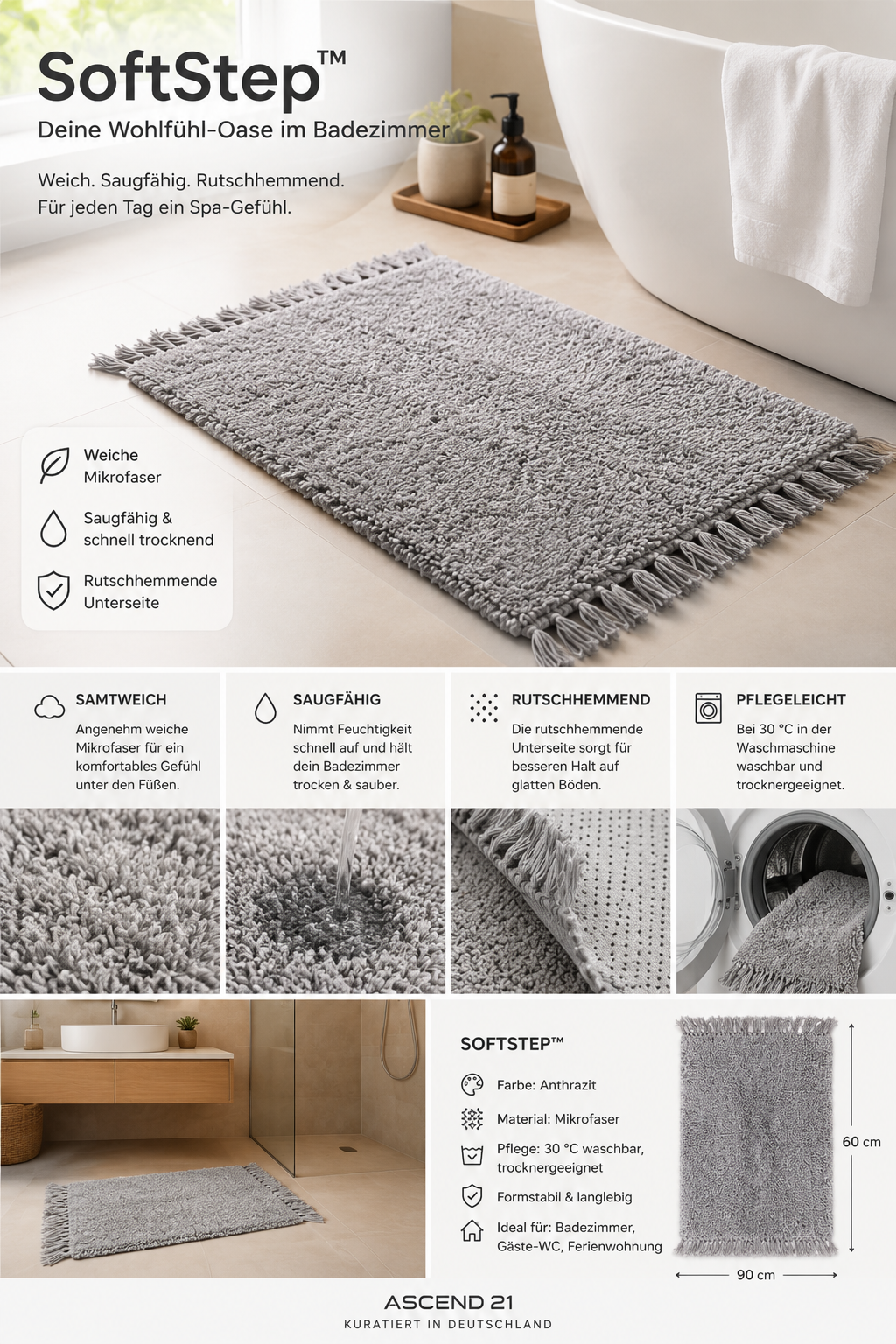 ASCEND 21 SoftStep™ Badematte Anthrazit – weicher Badvorleger aus Mikrofaser | saugfähig & schnell trocknend | rutschhemmende Unterseite | waschbare Badezimmermatte für Dusche, Bad & Gäste-WC