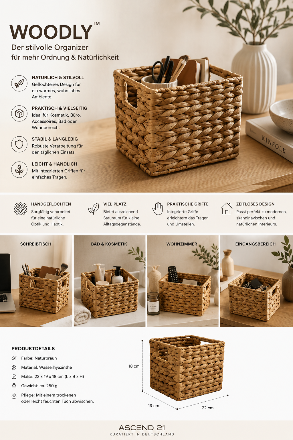ASCEND 21 Woodly™ Tisch-Organizer Walnuss – Schreibtisch Organizer in Holzoptik | Aufbewahrungsbox für Stifte, Büro, Kosmetik & Accessoires | moderner Desktop Organizer für Homeoffice & Einrichtung