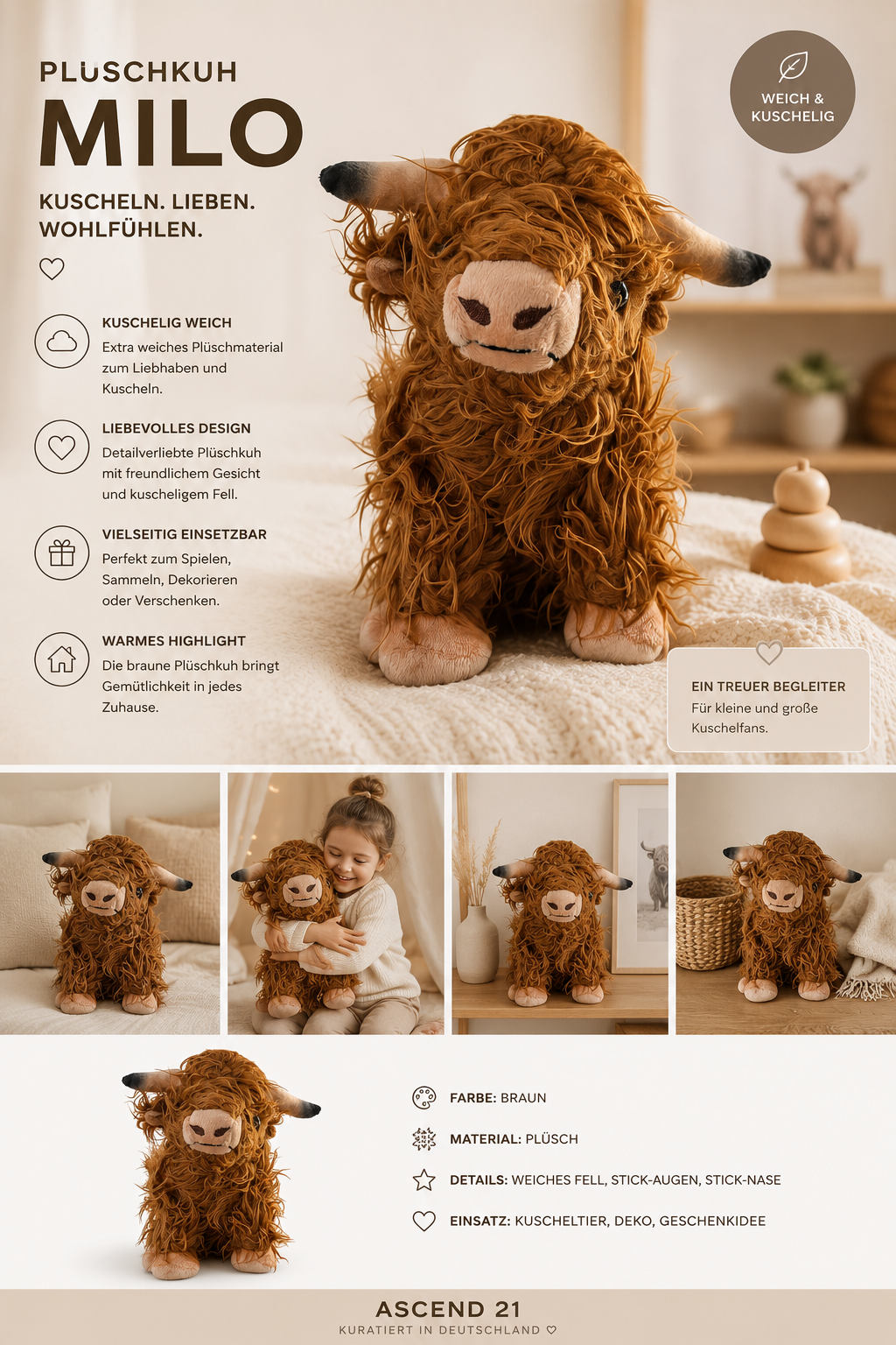 ASCEND 21 Milo™ Plüschkuh Braun – weiches Kuscheltier Kuh | flauschiges Stofftier als Geschenk & Deko | süßes Plüschtier für Kinderzimmer, Sofa & gemütliches Zuhause