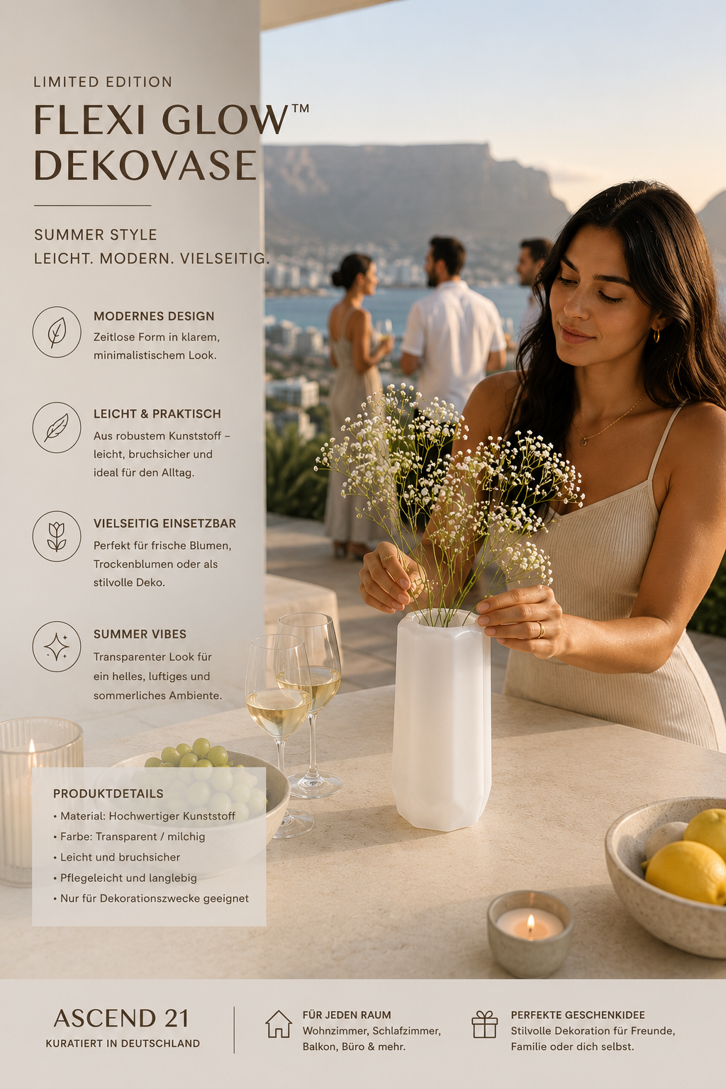 ASCEND 21 Flexi Glow™ Dekovase – Transparente Kunststoff-Vase im modernen Summer Style | Leichte Deko Vase für Wohnzimmer, Balkon & Interior | Minimalistische Vase für Blumen & Dekoration