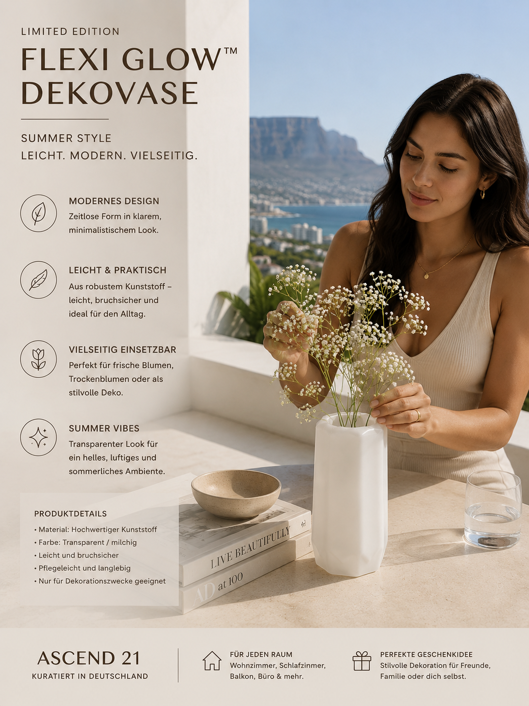 ASCEND 21 Flexi Glow™ Dekovase – Transparente Kunststoff-Vase im modernen Summer Style | Leichte Deko Vase für Wohnzimmer, Balkon & Interior | Minimalistische Vase für Blumen & Dekoration